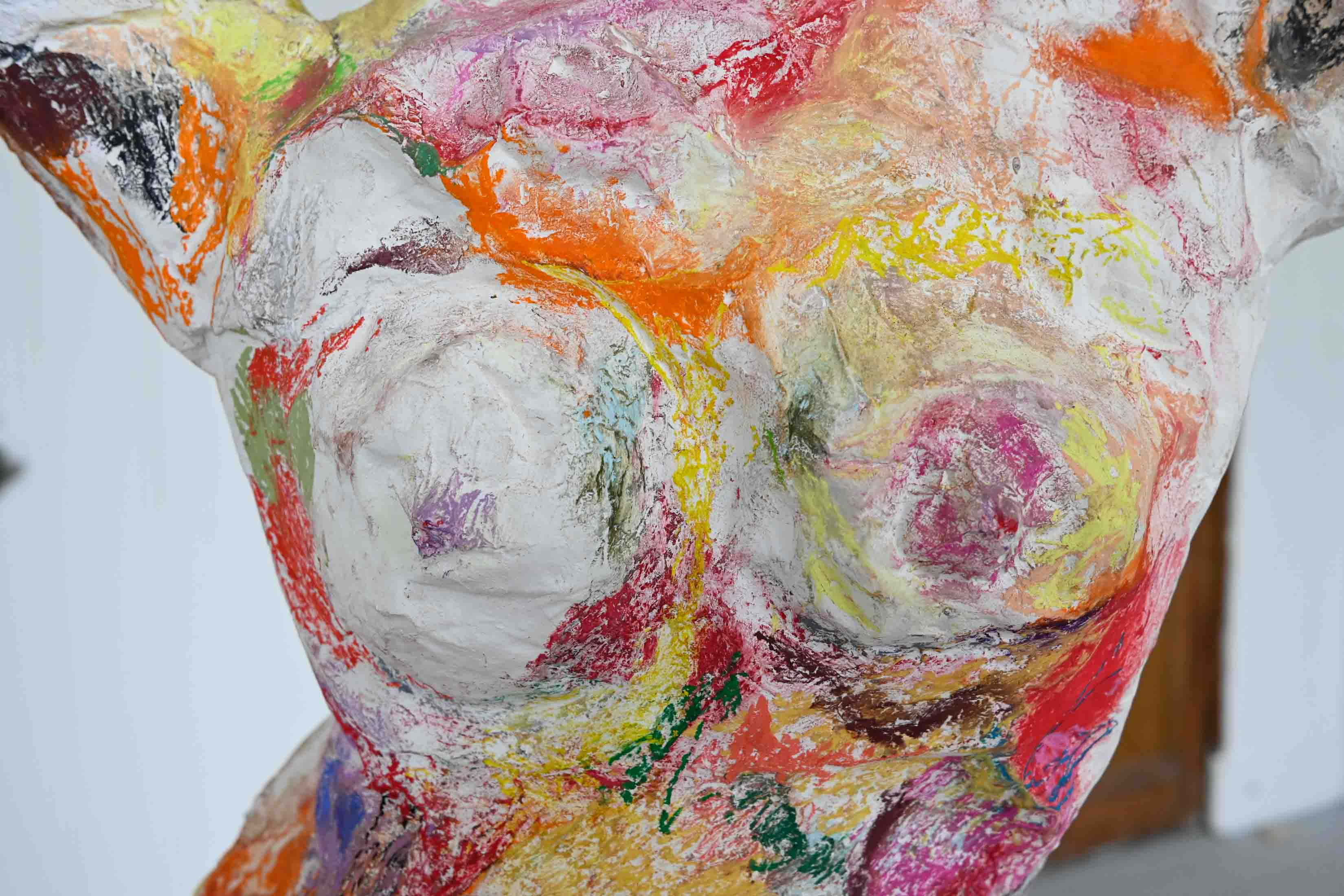 Erin Ridgway, Nipples Like Raisins, Bum Like a Belgian Bun, 2026, plaster, chalk, tulle, pewter, metal, 2,700mm x 490mm, Edinburgh.