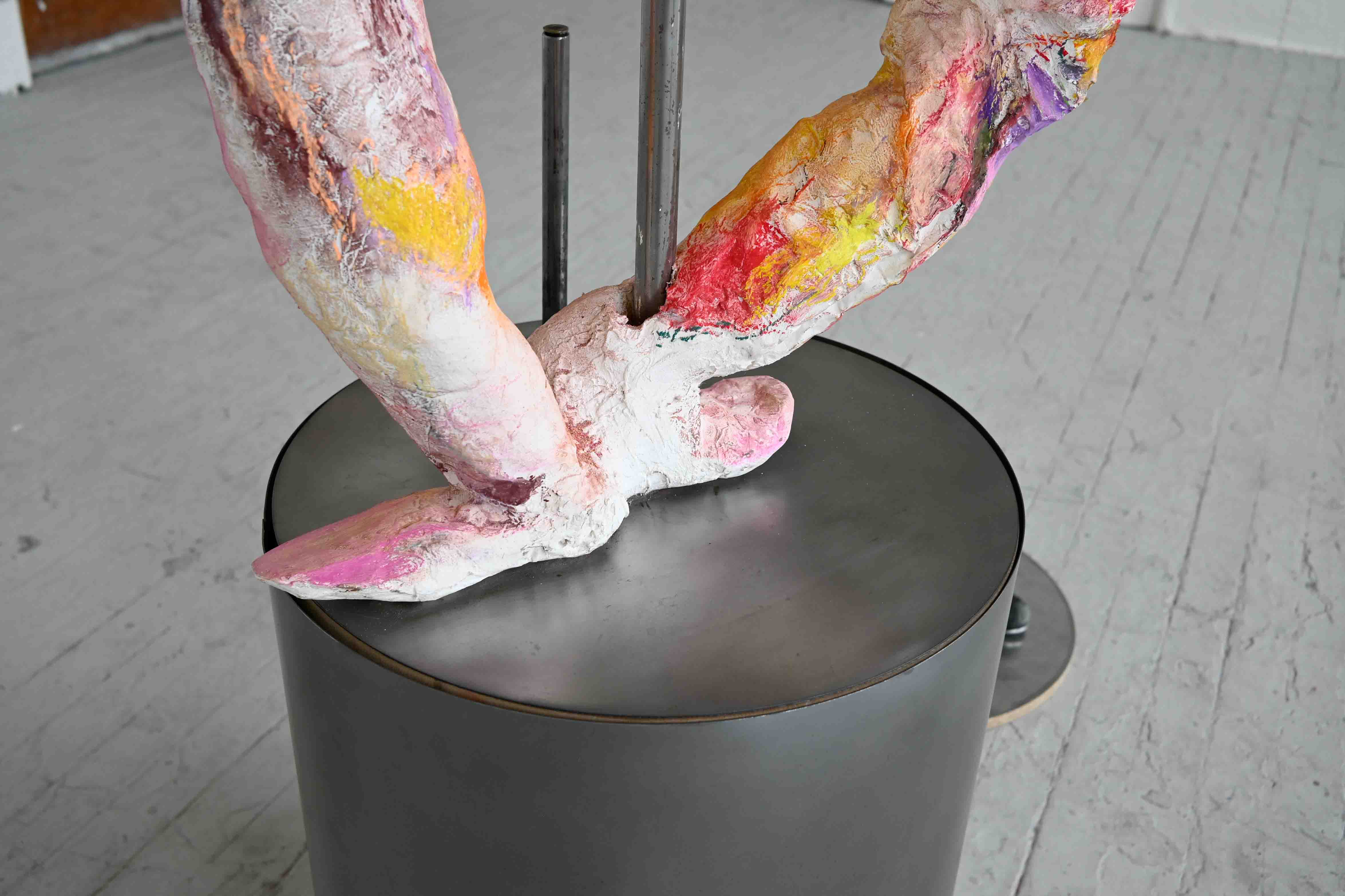 Erin Ridgway, Nipples Like Raisins, Bum Like a Belgian Bun, 2026, plaster, chalk, tulle, pewter, metal, 2,700mm x 490mm, Edinburgh.