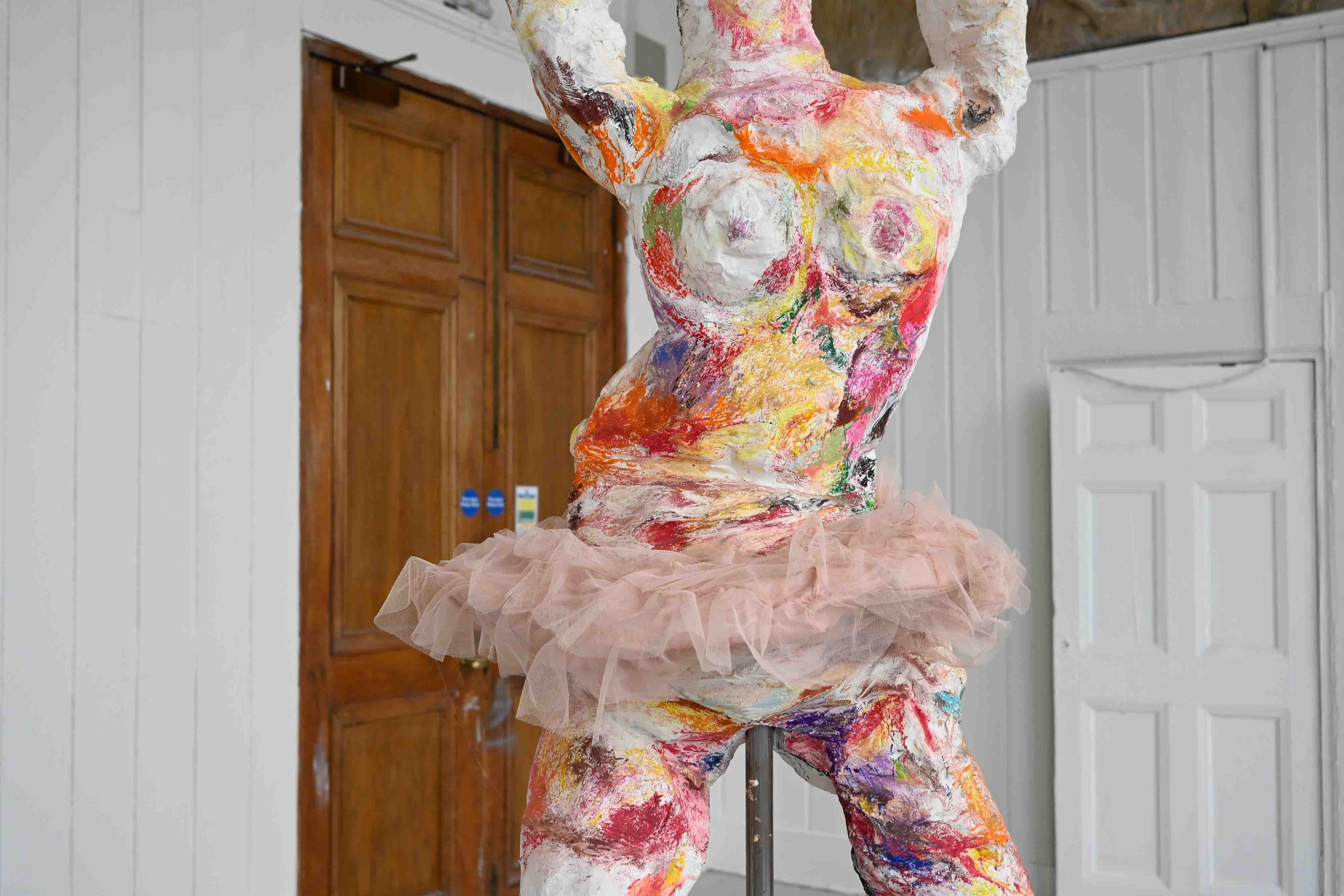 Erin Ridgway, Nipples Like Raisins, Bum Like a Belgian Bun, 2026, plaster, chalk, tulle, pewter, metal, 2,700mm x 490mm, Edinburgh.