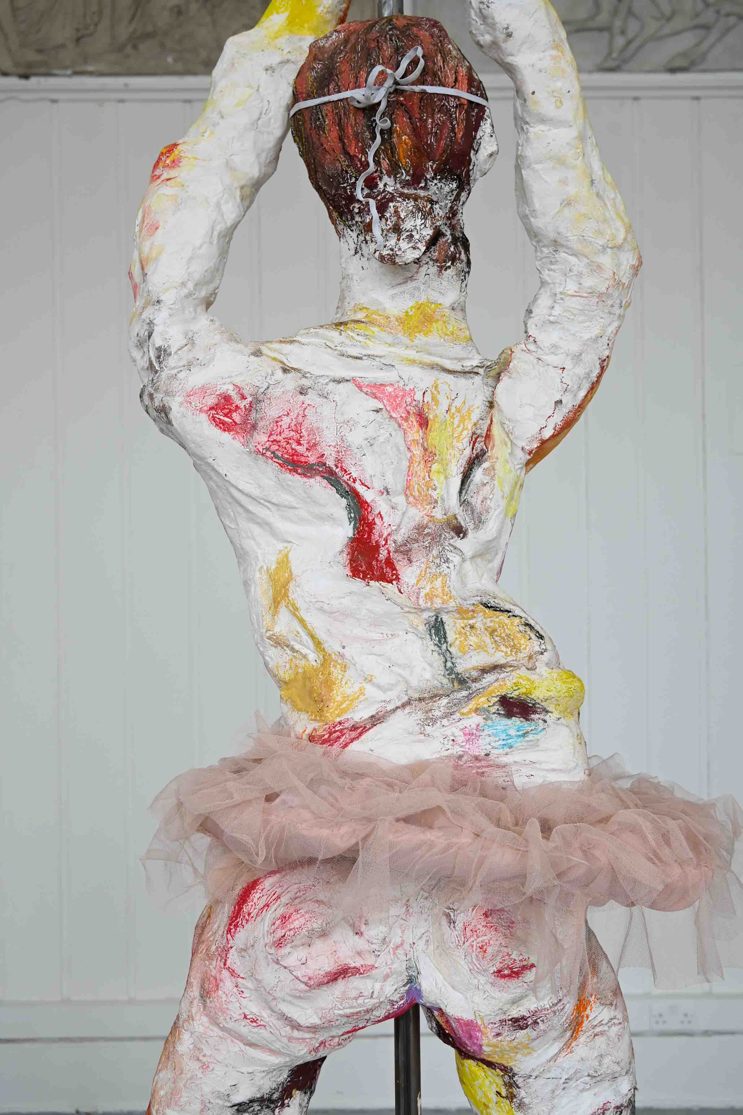 Erin Ridgway, Nipples Like Raisins, Bum Like a Belgian Bun, 2026, plaster, chalk, tulle, pewter, metal, 2,700mm x 490mm, Edinburgh.