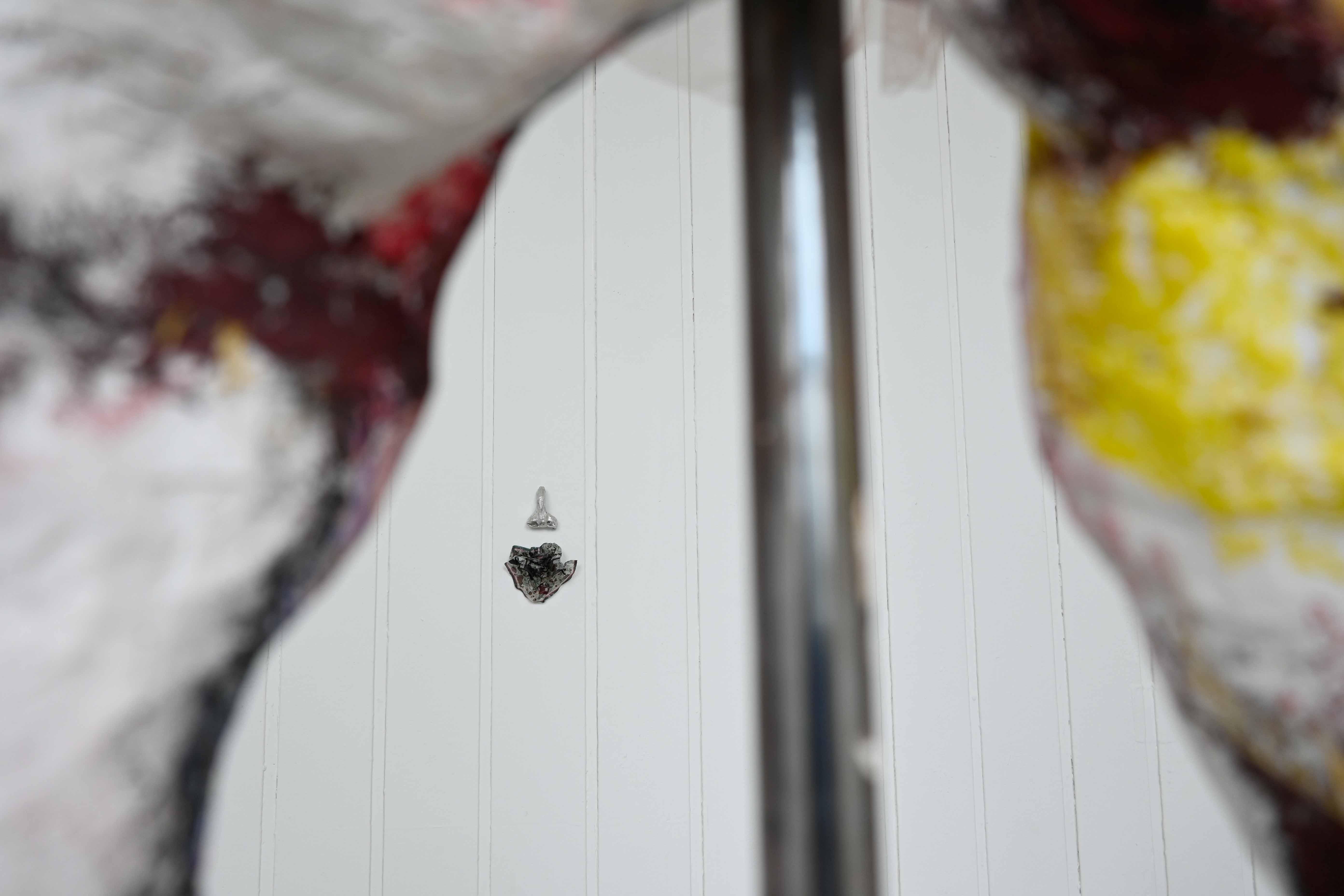 Erin Ridgway, Nipples Like Raisins, Bum Like a Belgian Bun, 2026, plaster, chalk, tulle, pewter, metal, 2,700mm x 490mm, Edinburgh.
