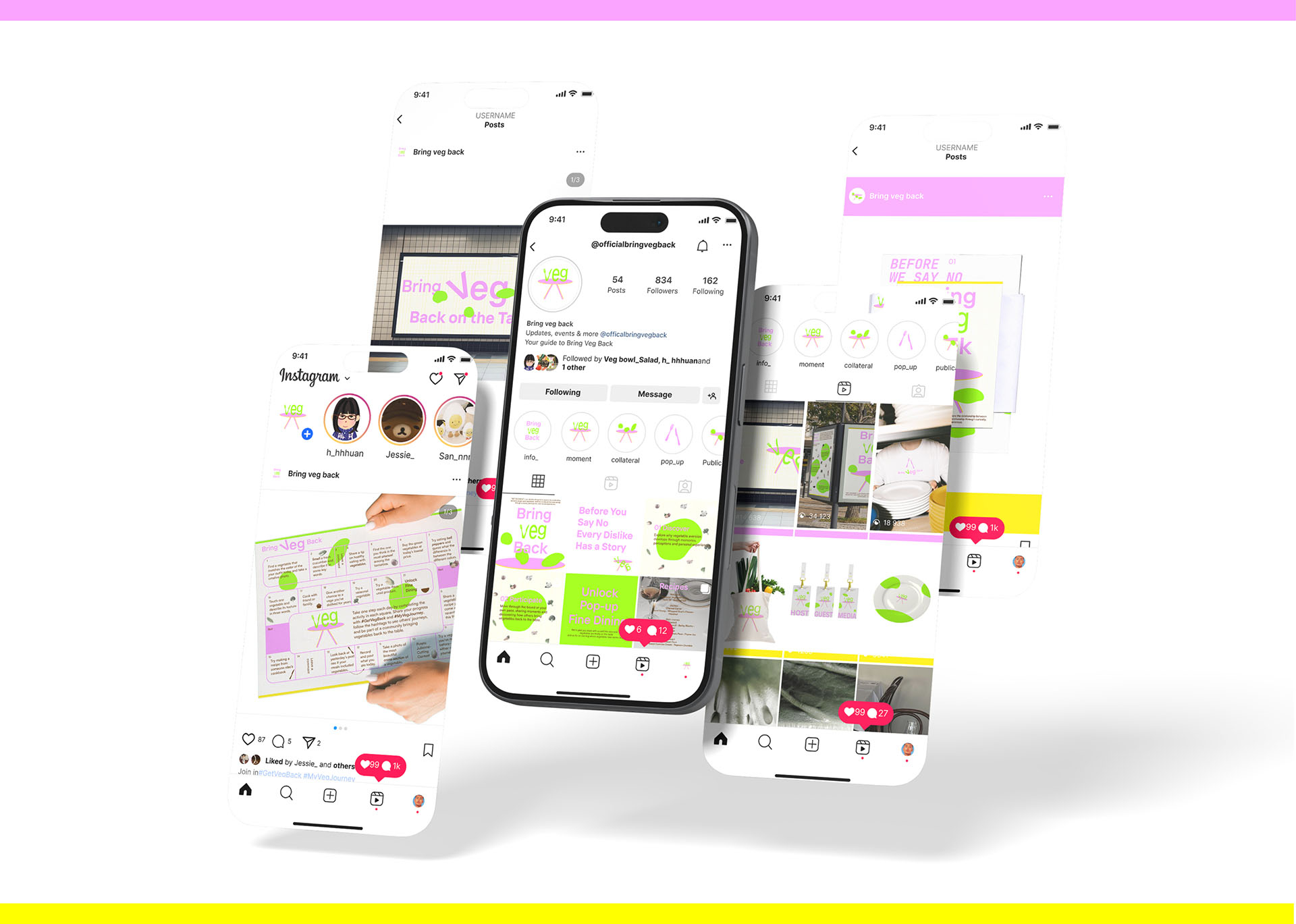 Mock-up of the Bring Veg Back social media campaign displayed across multiple smartphone screens.