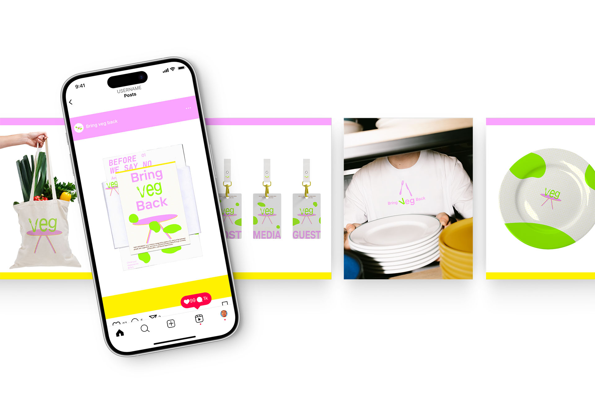 Smartphone mock-ups displaying the Bring Veg Back Instagram campaign and social media content.