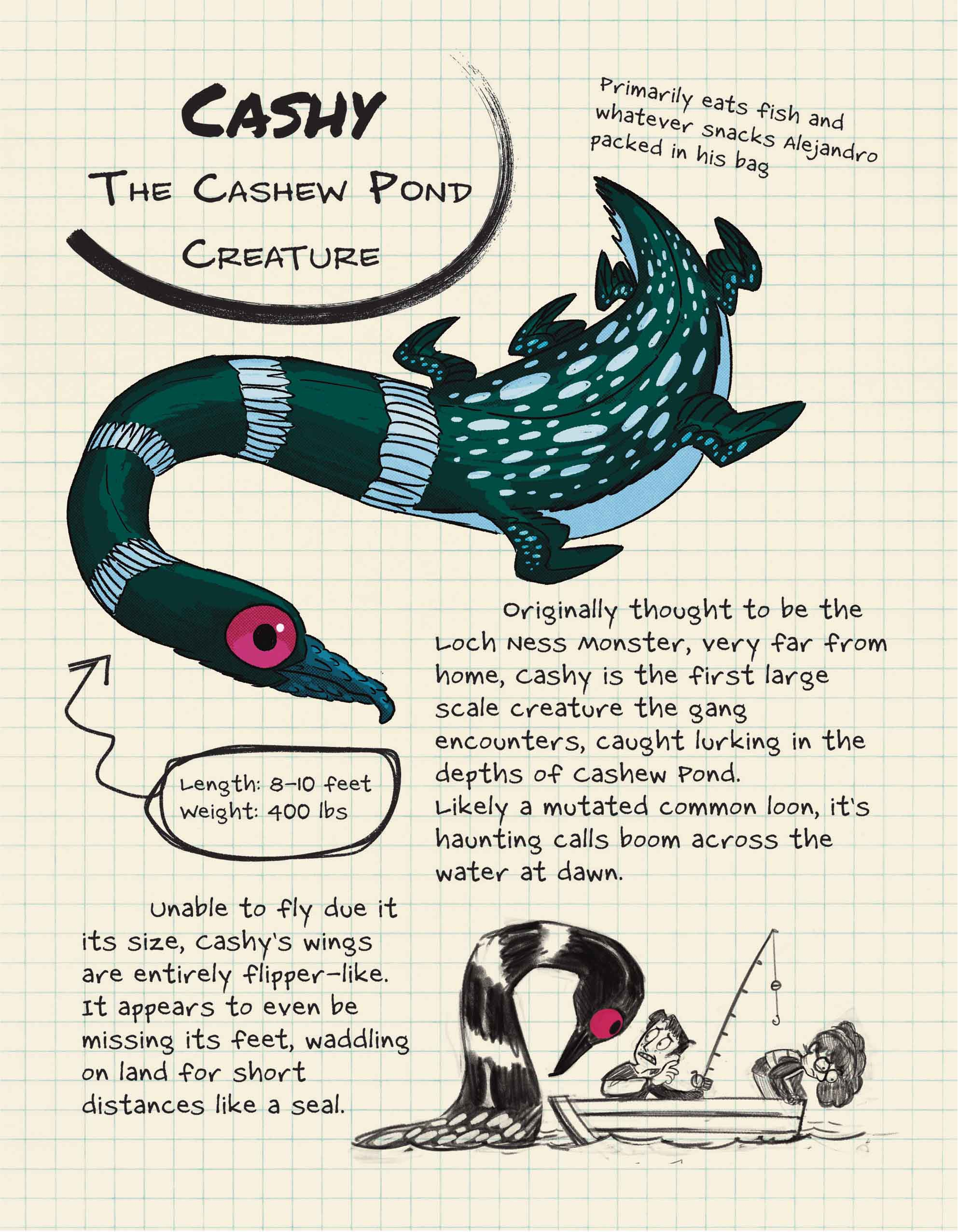 Cashy, a penguin-like aquatic creature with a long neck and six flippers