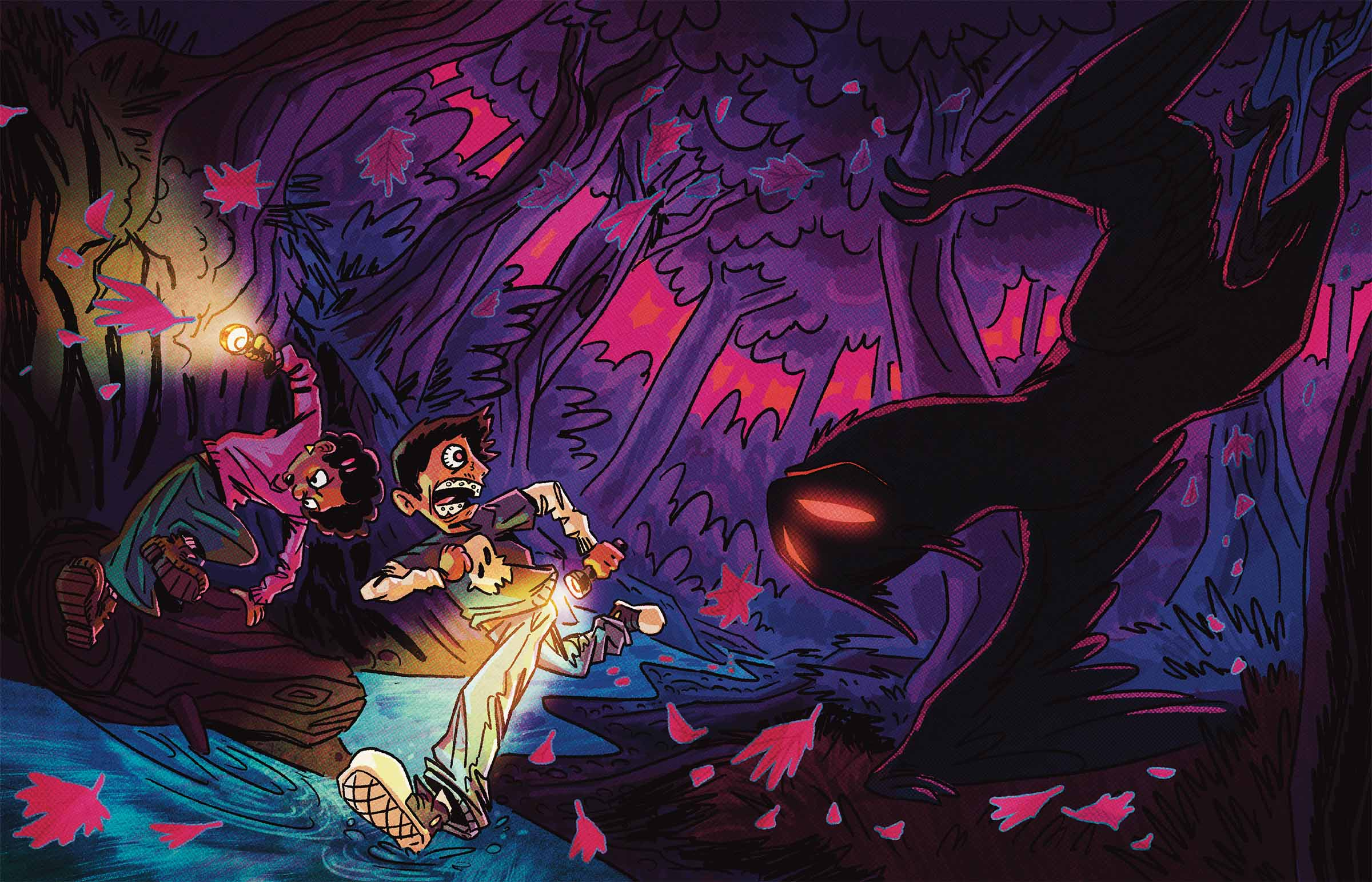 Christine and Alejandro get chased through the woods by a huge silhouetted creature