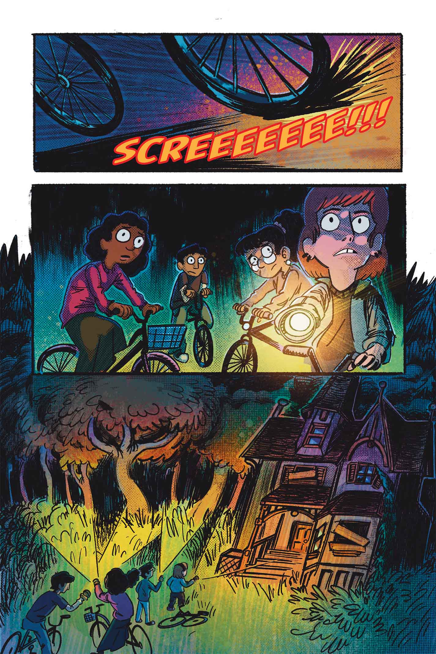 Page 1, the club ride their bikes up to the abandoned house