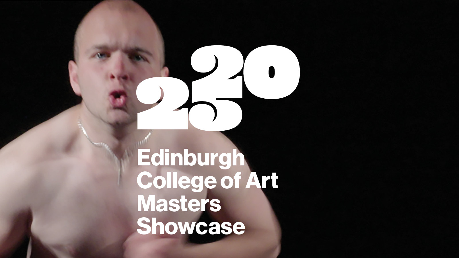 A person with a shaved head, poses topless with their arms tensed. 