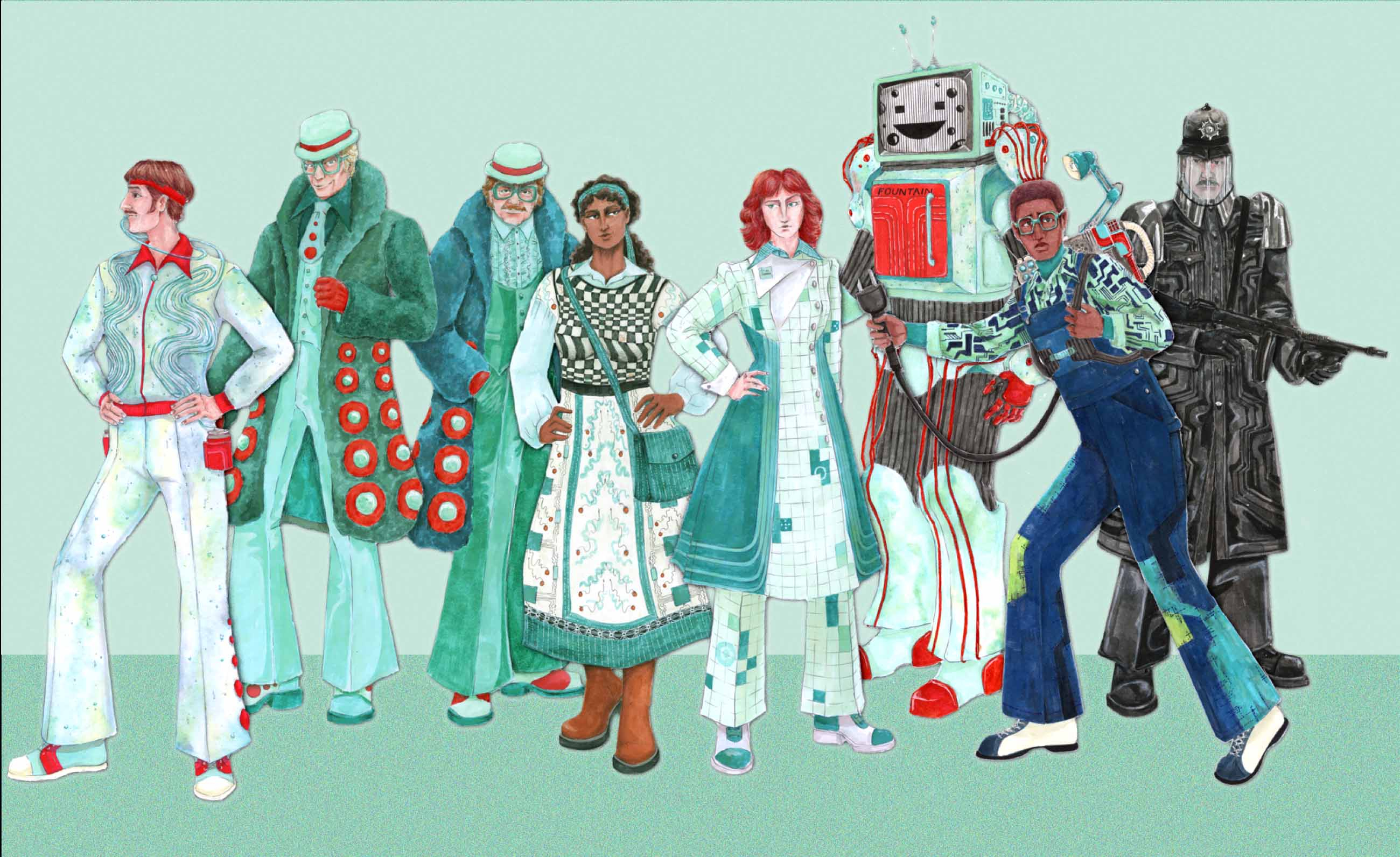 An ink illustration line-up of characters from a 1970s retro future.