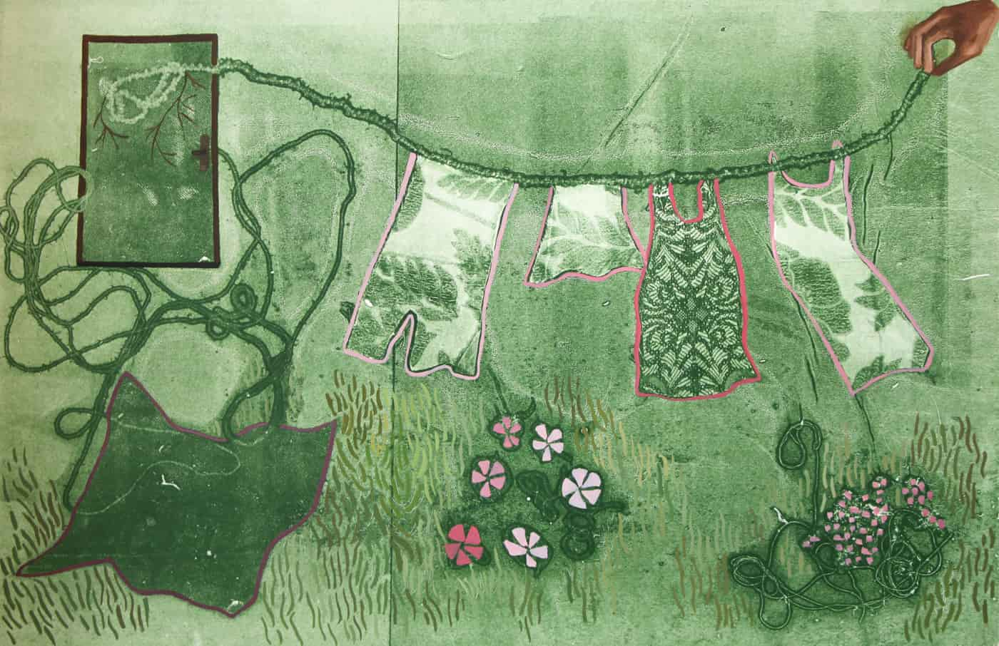 Green mono-print portraying washing line