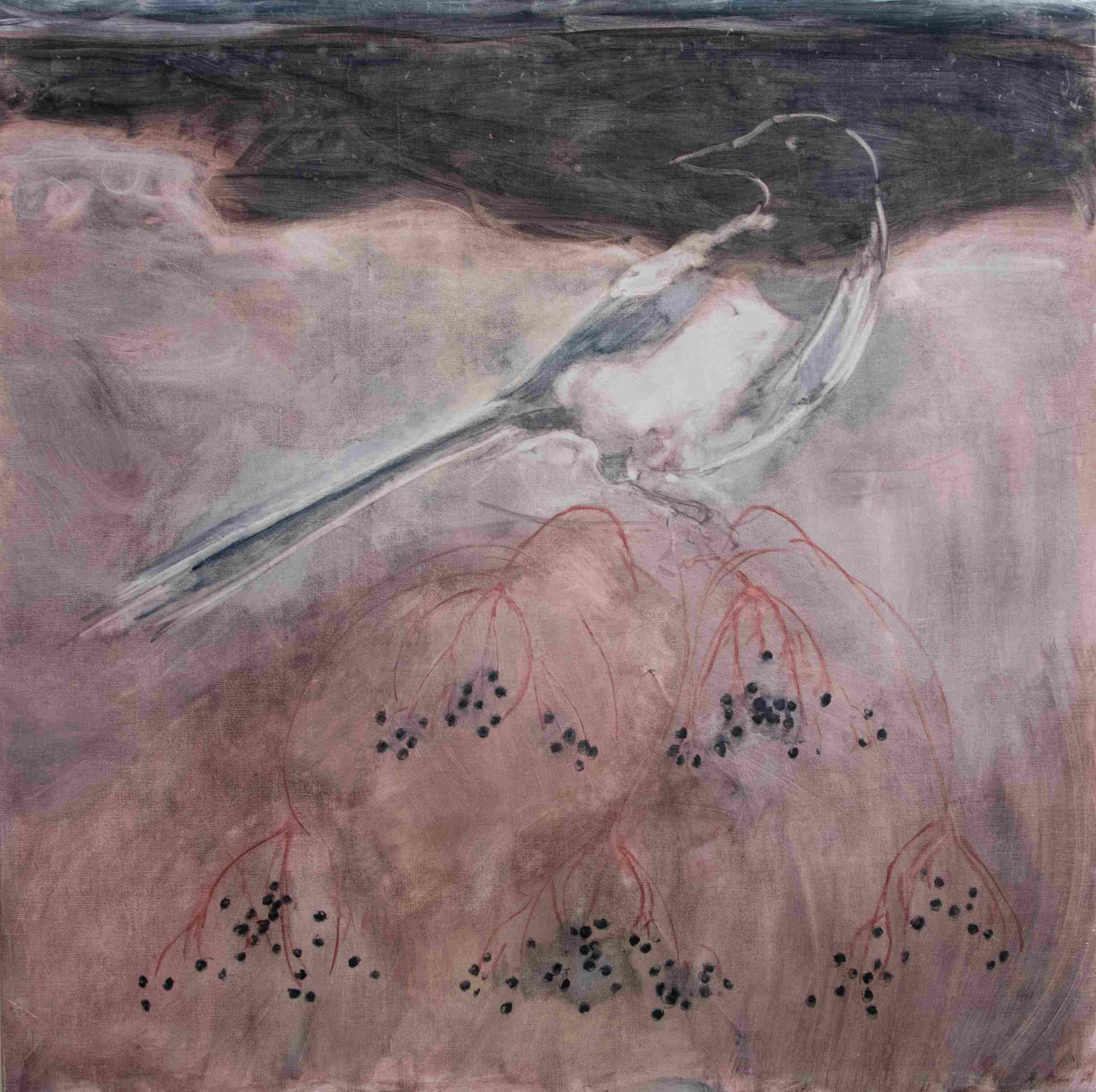 Magpie and elderberries over an imagined landscape
