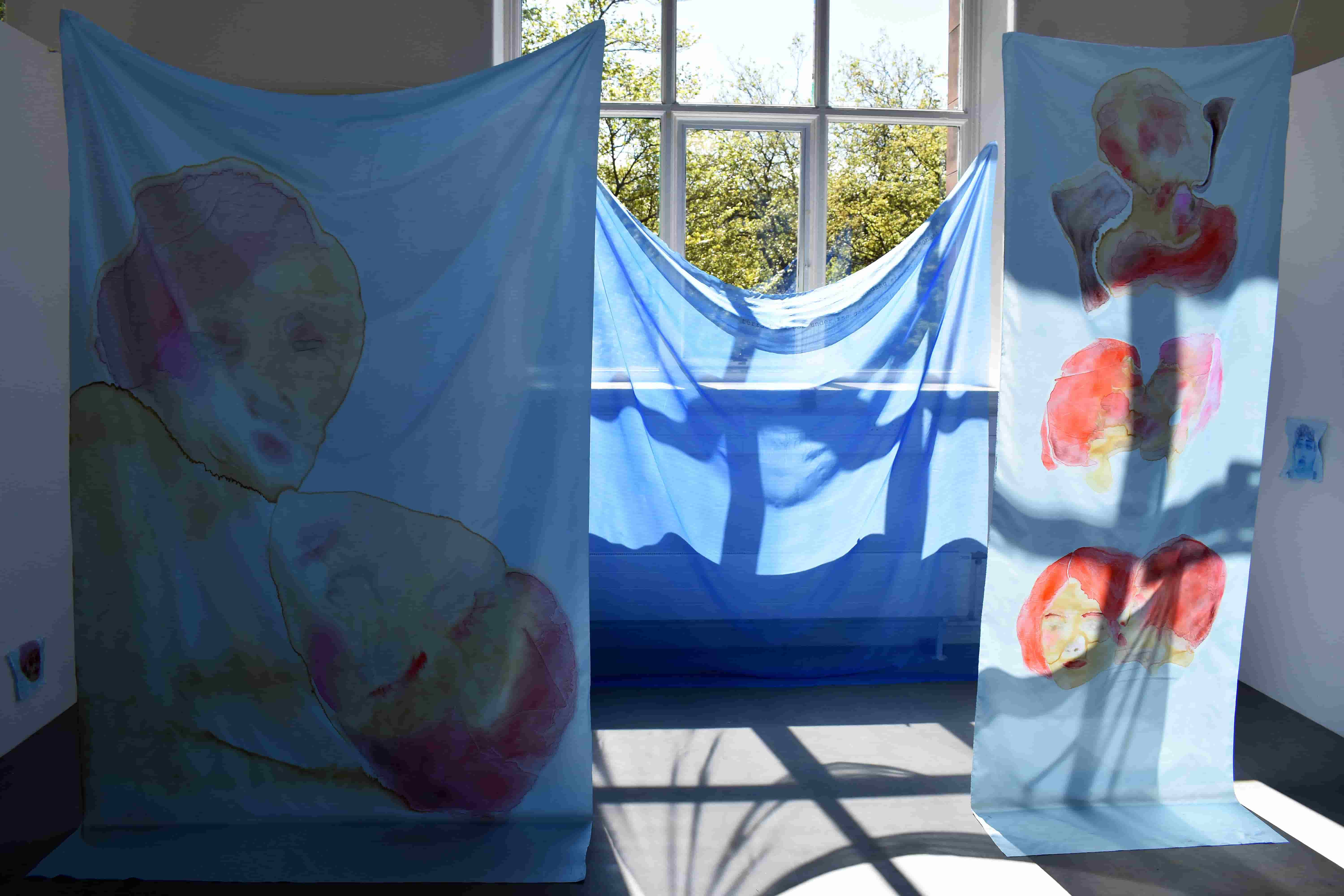 Three large blue satin sheet are suspended from a two cable across a white space. On the satin are multiple abstract coupled faces, painted in red and pink watercolour and ink. The fabric hangs in front of a window, and the sun is lighting the work up from behind. 
