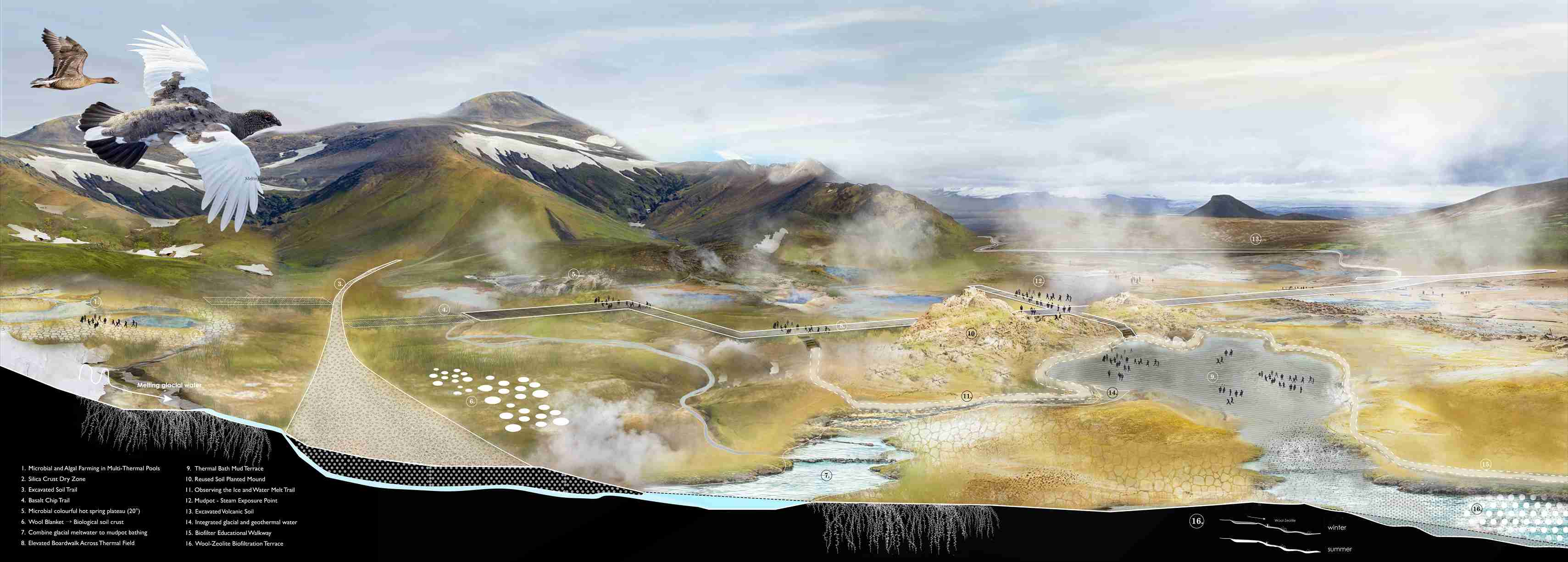 Panoramic view of the geothermal sucession garden