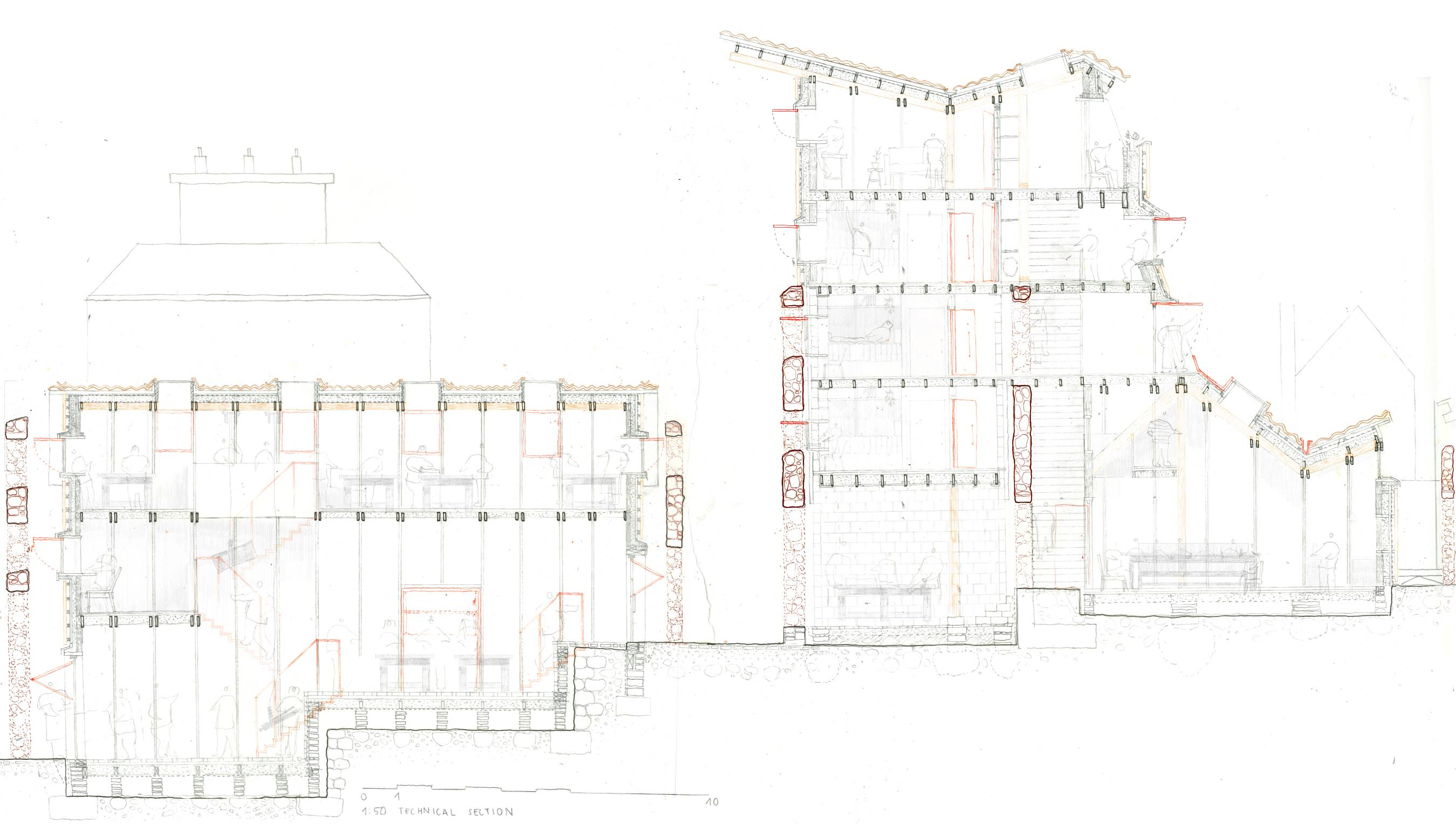 1:50 Hand-drawn section of workshop and apprentice accommodation
