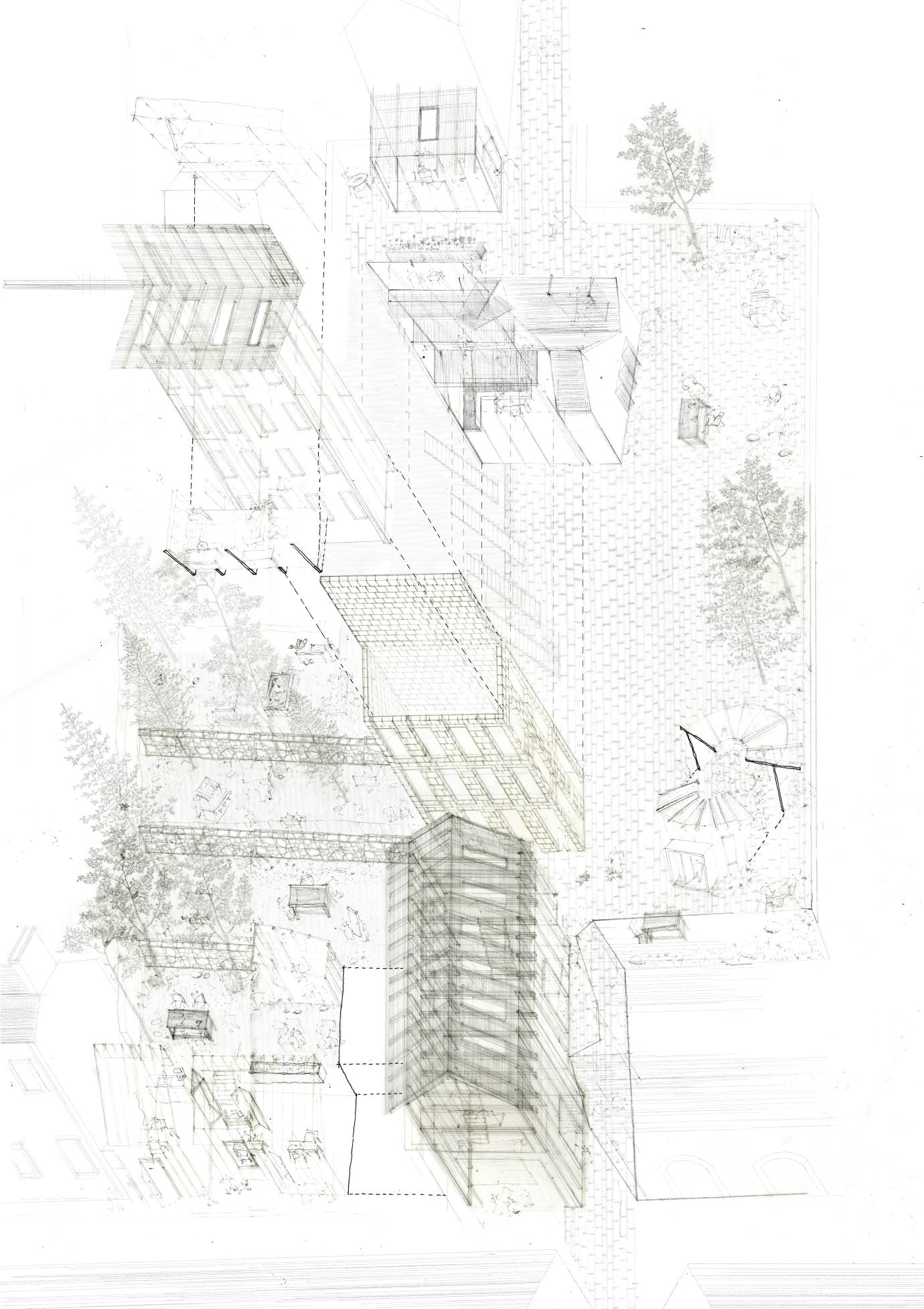 Hand-drawn exploded perspective 1:100 drawing at A1