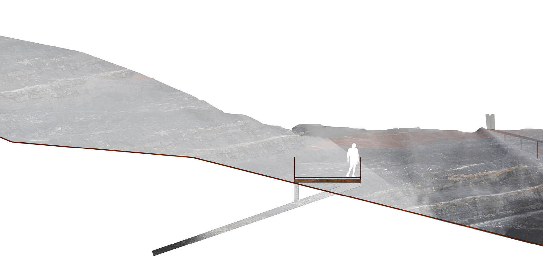 Sectional drawing showing exposed geological strata within a quarry landscape, with a walking path weaving through the layers to highlight key rock formations and visitor experience along the quarry walk.
