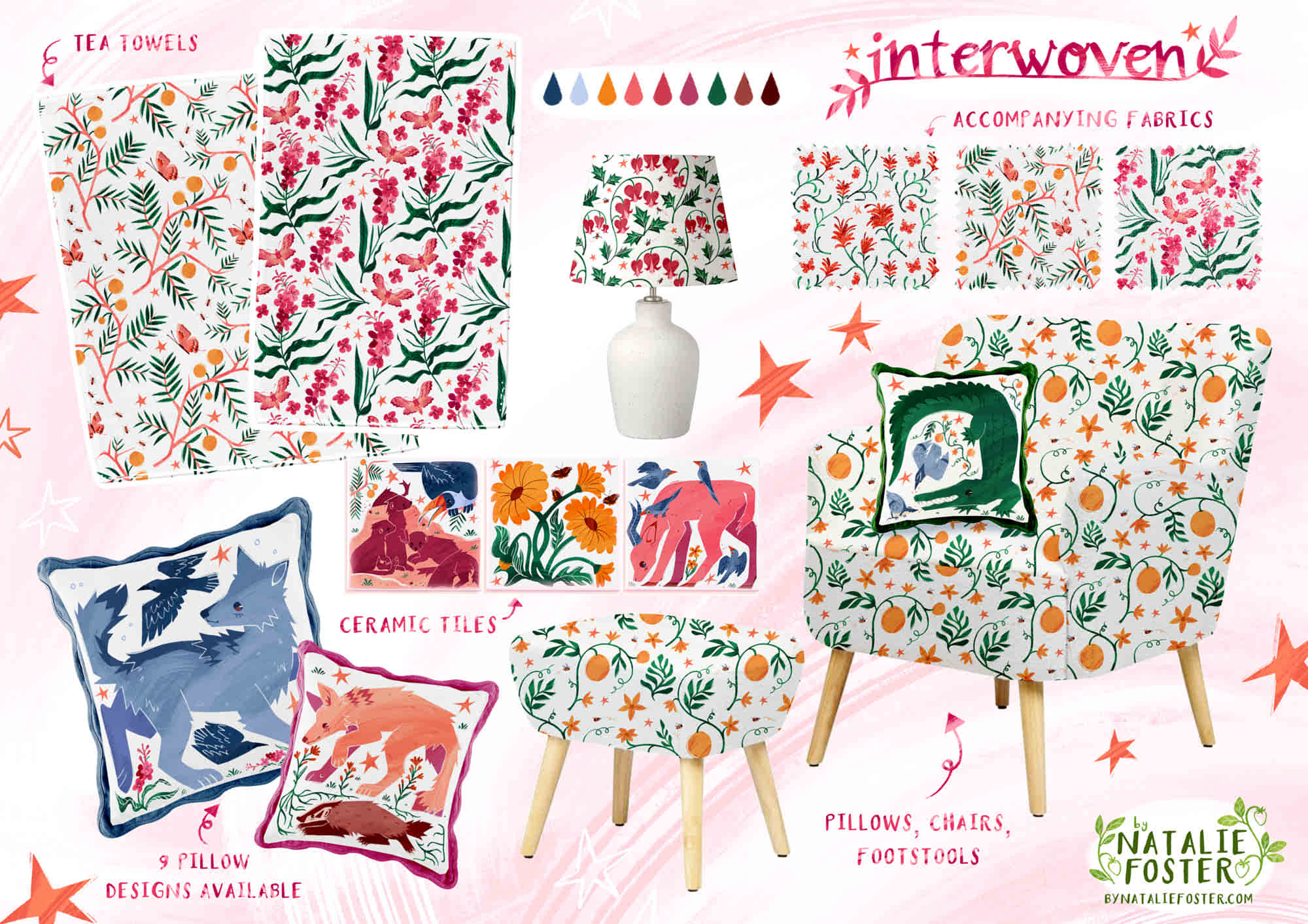 A showcase of furniture mockups with patterns overlayed.