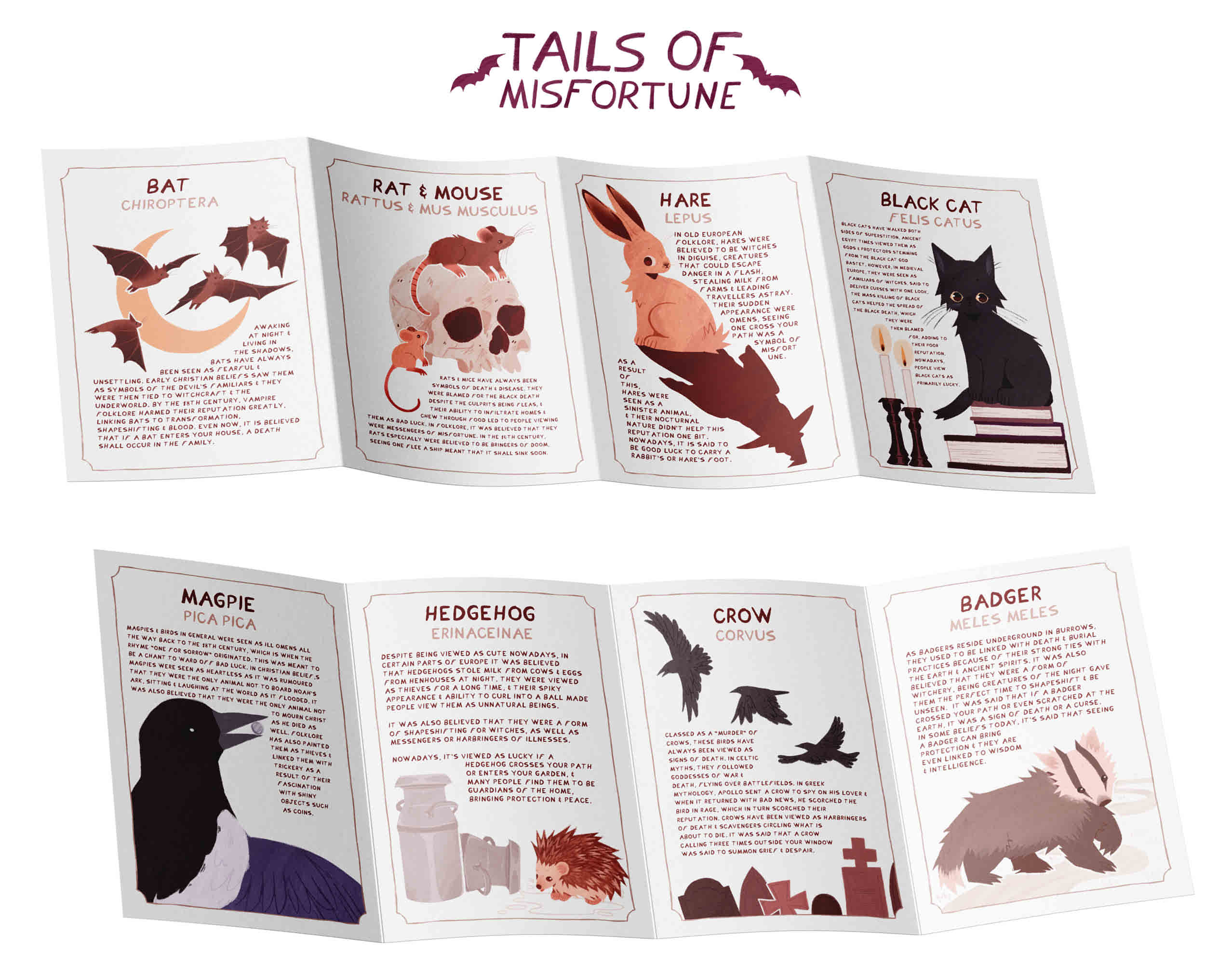 A mockup of an 8 page zine detailing superstitious animals of Britain.