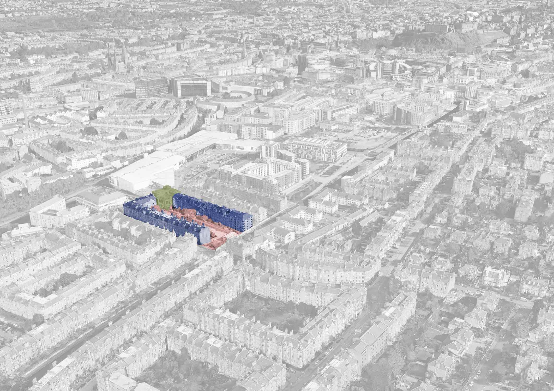 Aerial black and white picture of Edinburgh with perimeter tenements of the Yeaman Place site highlighted in ultramarine, fountainbridge library in sage, and the site in coral