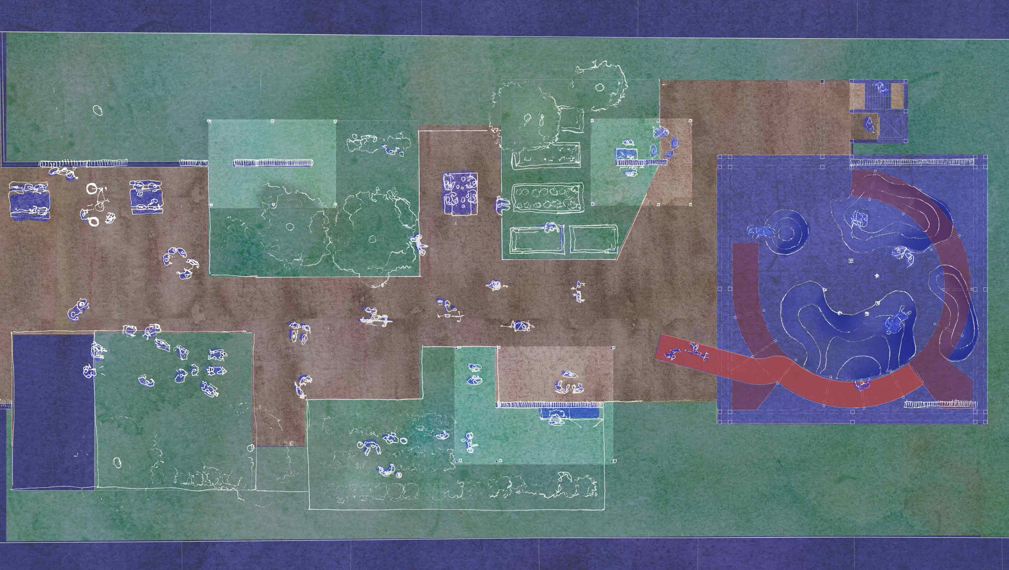 A plan of ground floor of the scheme consisting of a single 4 storey block with glulam cage external structure, internal spiral ramp to the nortern edge and a large, irregular set of raised floor to the south. The plot extends all the way to the union canal. The textures are watercolour-painted and the image is kept in shades of ultramarine with white drawing lines. FIgures inhabitating the grounds are gardening and socialising