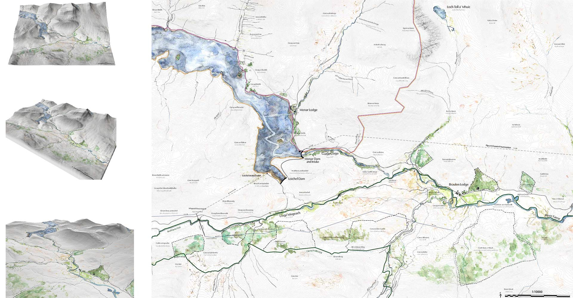 Watercolour plan of Strathfarrar with digital models