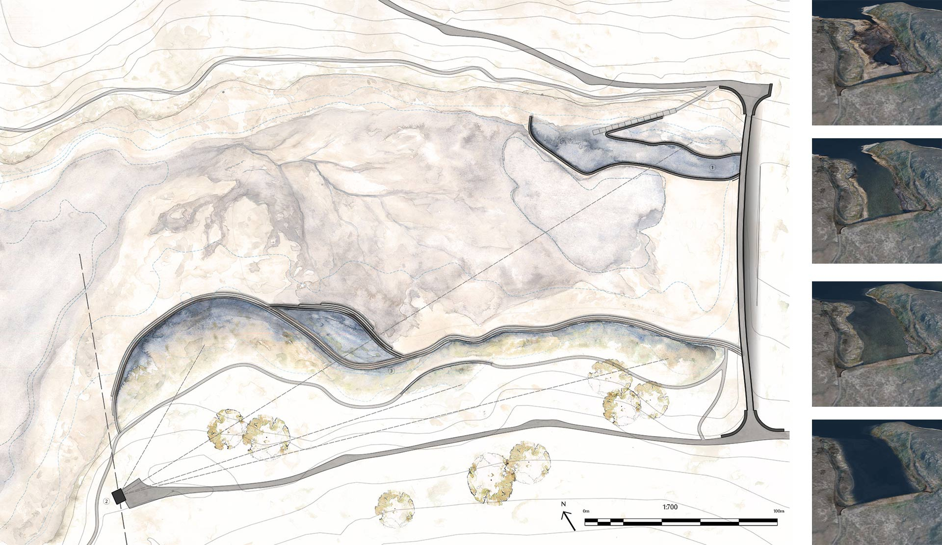 Water colour plan showing base of loch and design behind loichel dam in strathfarrar with digital models showing the effects of water level fluctuations on the design