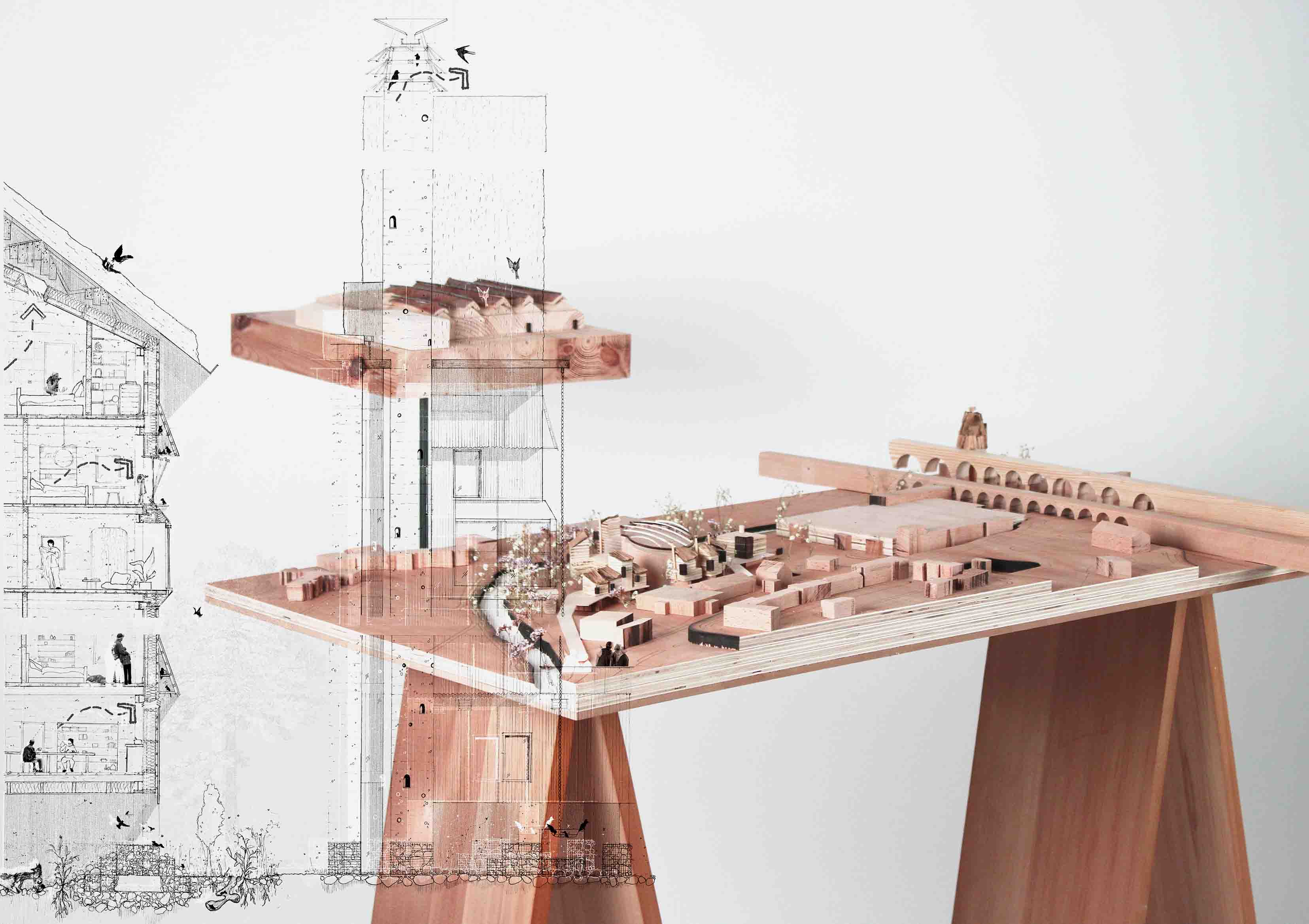 Entangled Interfaces Proposed Site Model + Detail Section Pencil 1:50