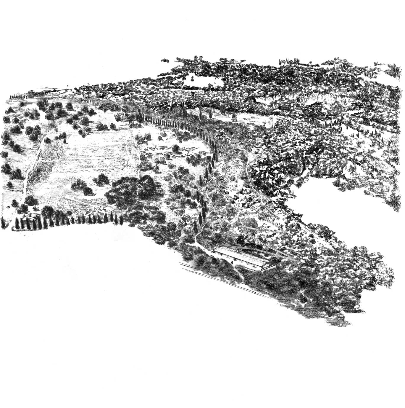 Isometric charcoal landscape drawing of proposed changes to site 1, the eastern boundary of KL Plaszow.