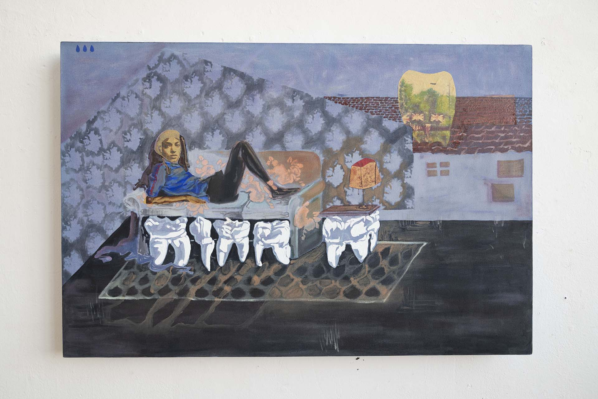 Lady is lying on her sofa under which there are 3 huge teeth whcih she has stolen
