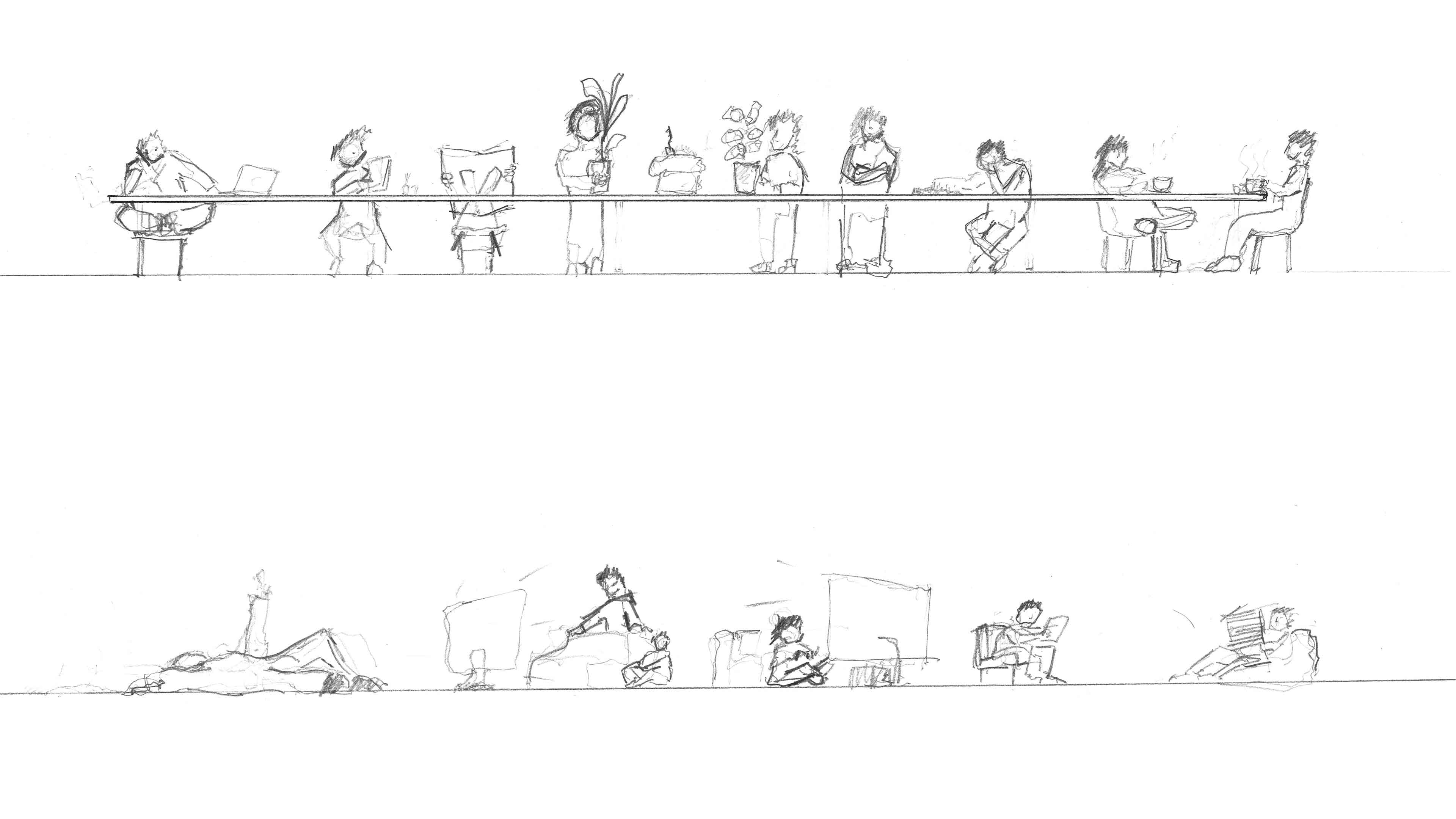 Two parallel images showing people performing different activities alongside a shared workplane. The top is the high table with people working, reading, gardening or eating. On the bottom people recline, watch television or lounge. 