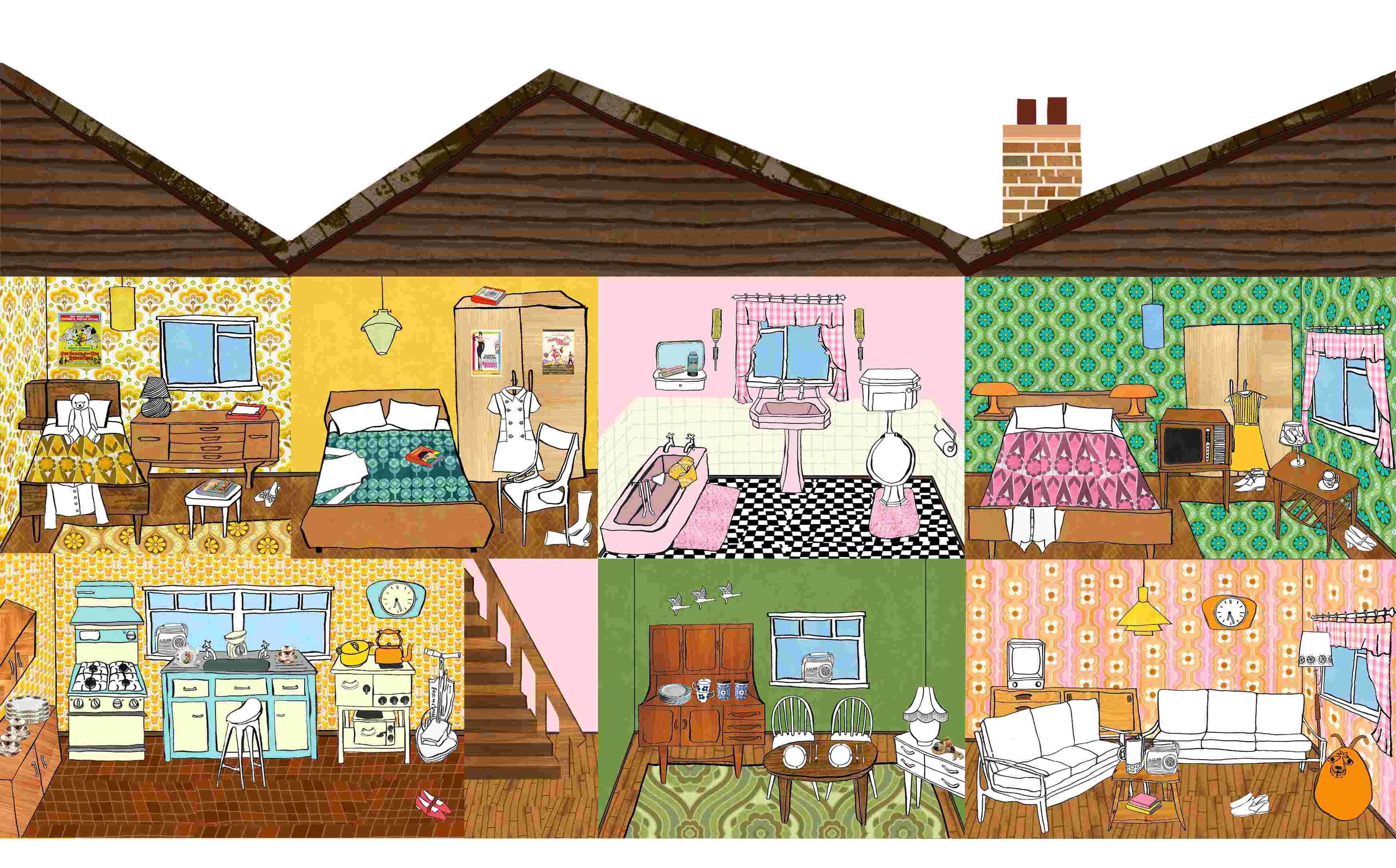 Interior of a 1960s Illustrated Paper House: An interactive resource to teach children about life in the 1960s.