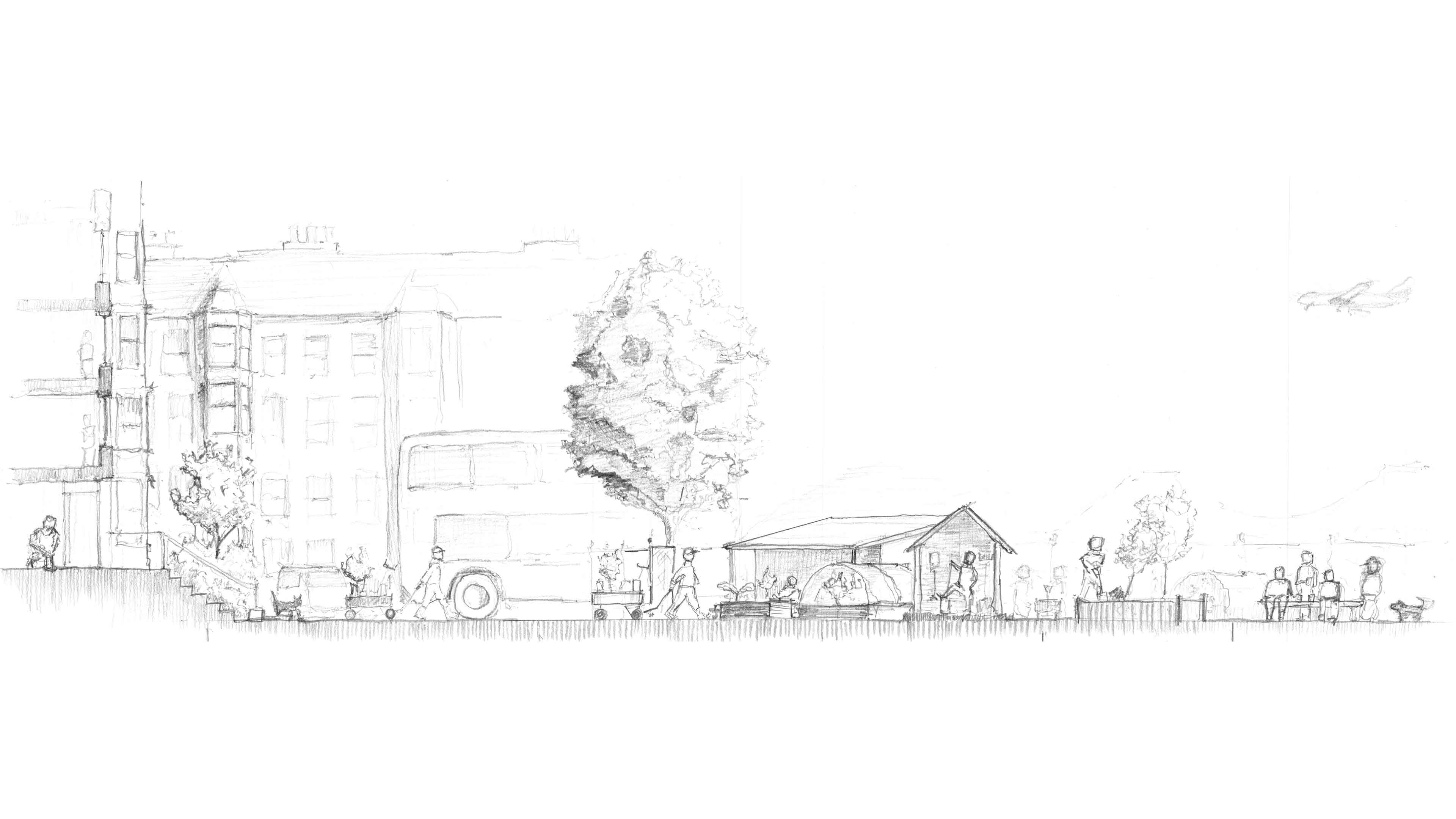 A pencil drawing collaging multiple stages of using allotments into a single timeline. User leaves from home, takes the bus, arrives at the gate, does gardening and then interacts with peers.
