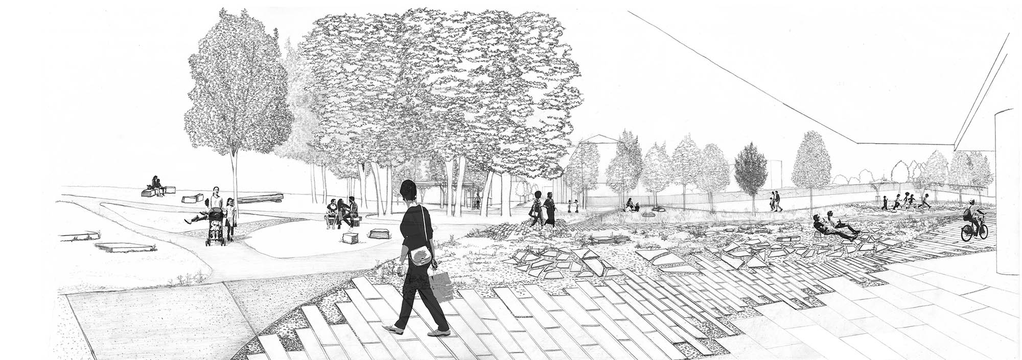 Anderston park perspective showing improved greenspace with repaved surfaces