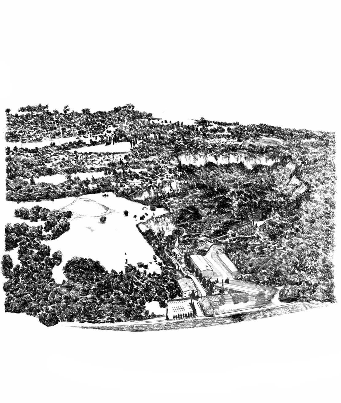 Isometric charcoal landscape drawing of the proposed design to the entrance of Liban Quarry.