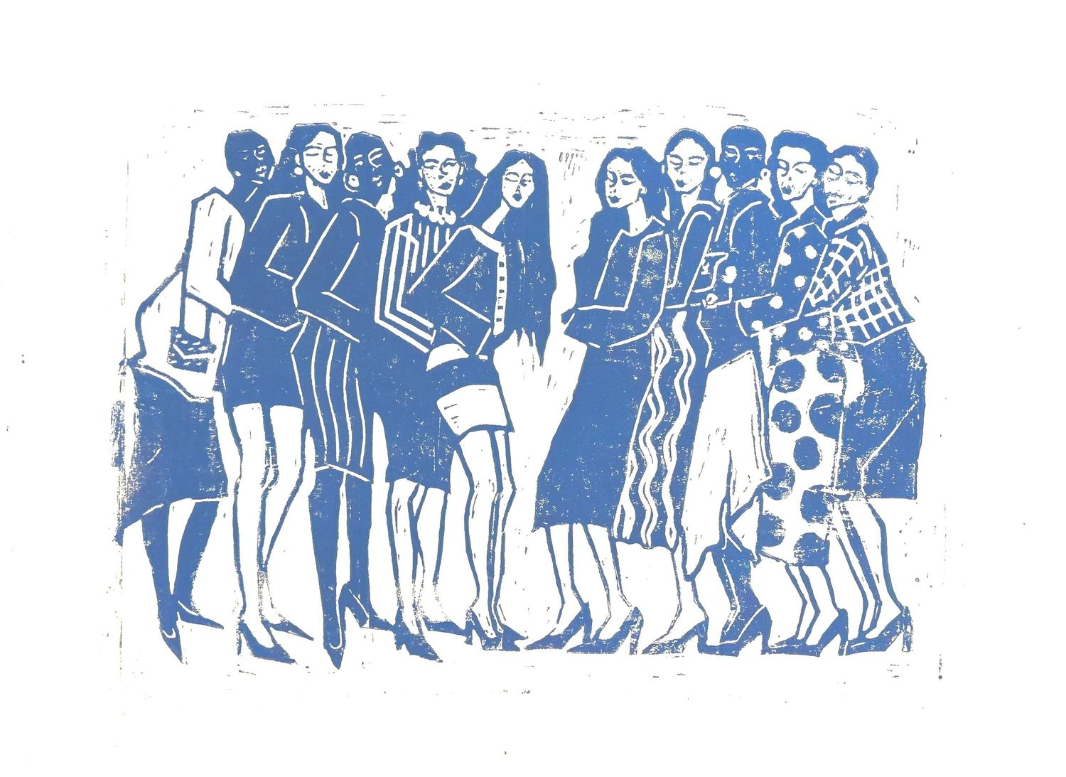 lino print of twelve women in a line in blue