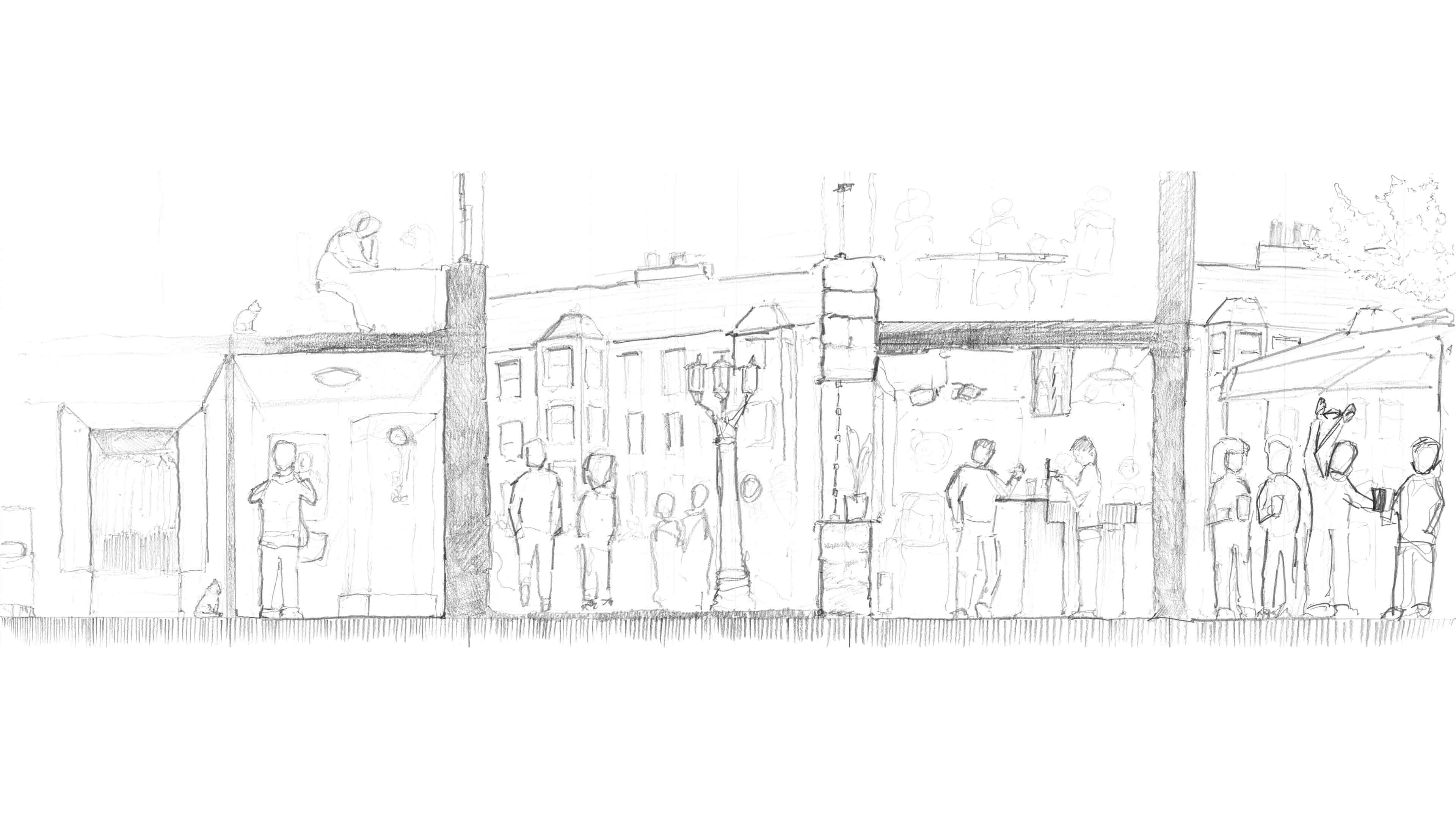 A pencil drawing collaging various stages of a pub night into a single timelines. User is seen dressing up at home, walking to the pub, arriving inside and then meeting a friend in the back garden. 