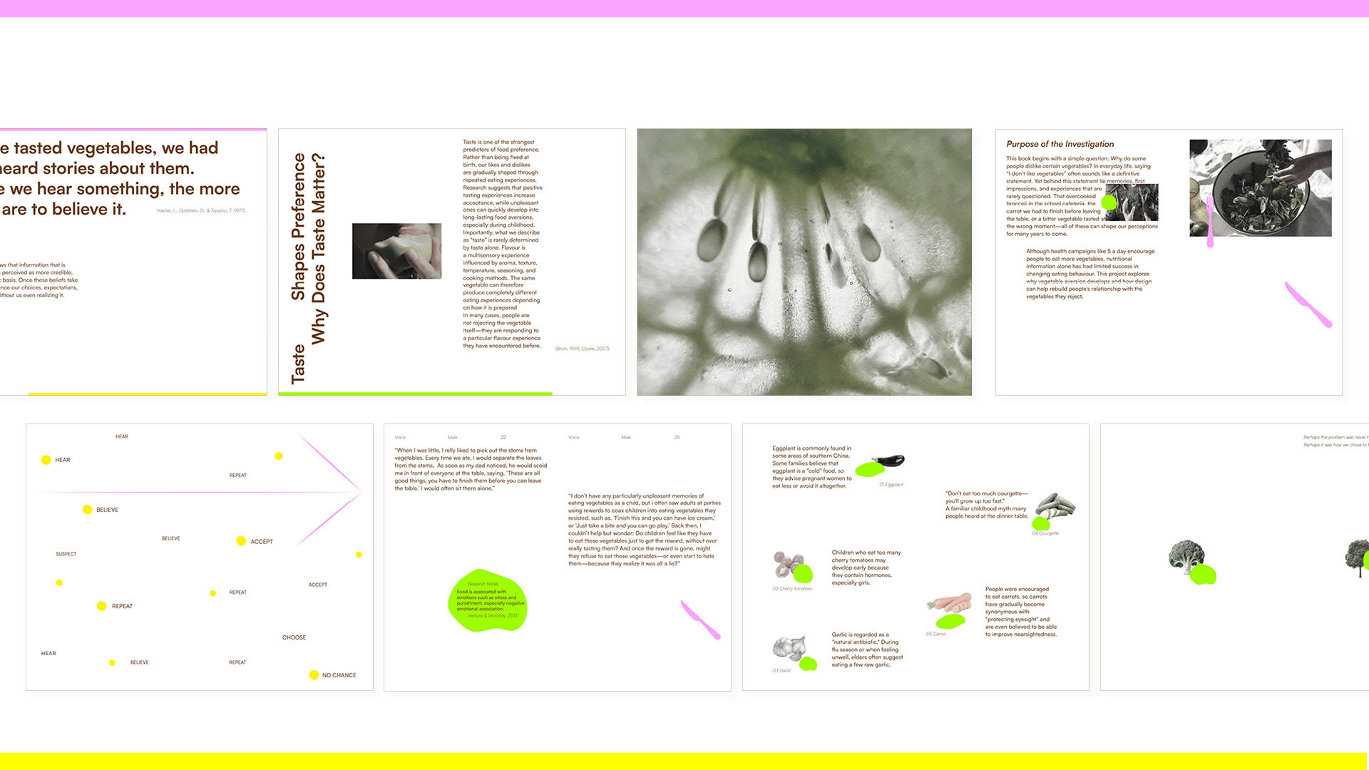 Selected spreads from the Bring Veg Back publication showing research, photography and editorial design.