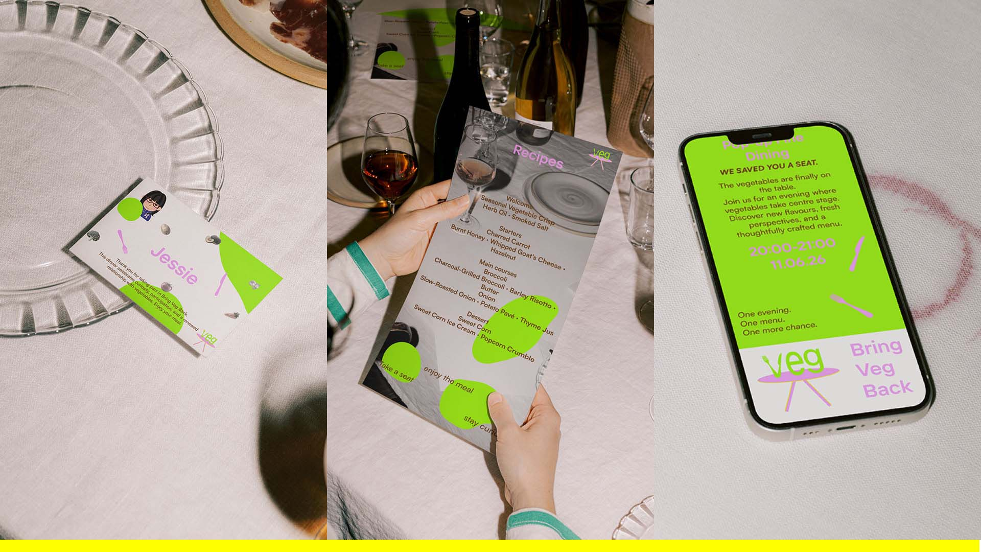 Materials for the final Bring Veg Back dining experience, including a personalised invitation, a printed menu and a digital invitation shown on a smartphone.