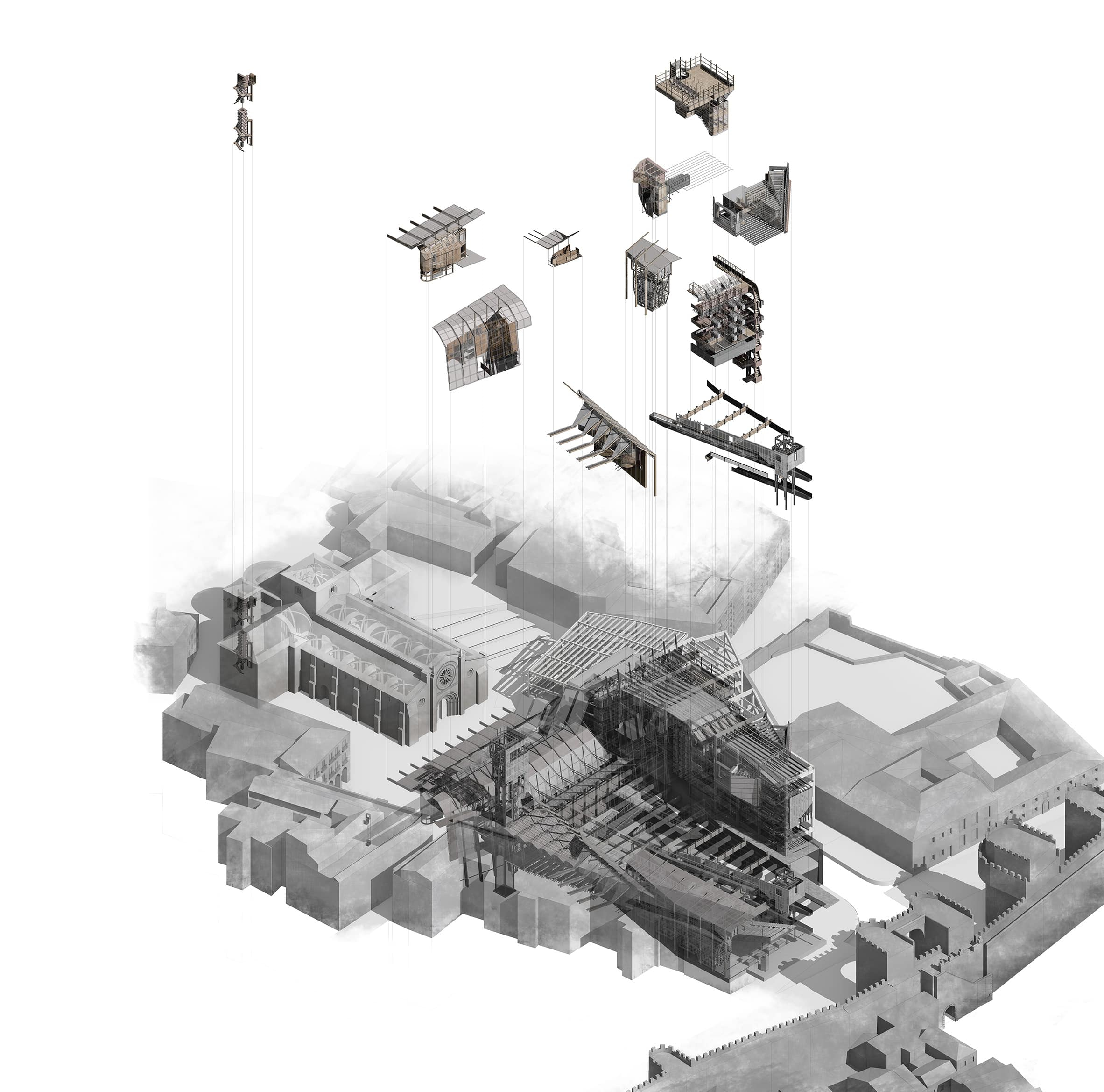 Exploded Isometric - Showing key moments within the Civic Monastery 