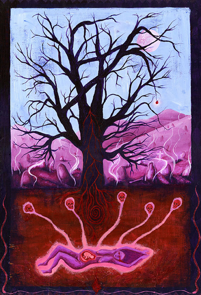 A surreal acrylic painting on wood of a woman laying beneath a large Ash tree connected by threads to five skulls. Red, pink, blue and dark purple colours.