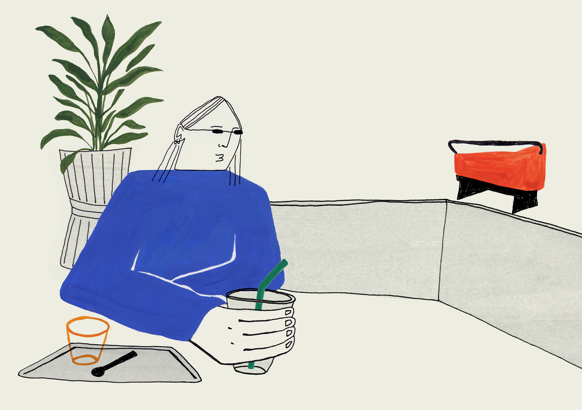 stylised Illustration of a character in a coffee shop, with a drink in hand 