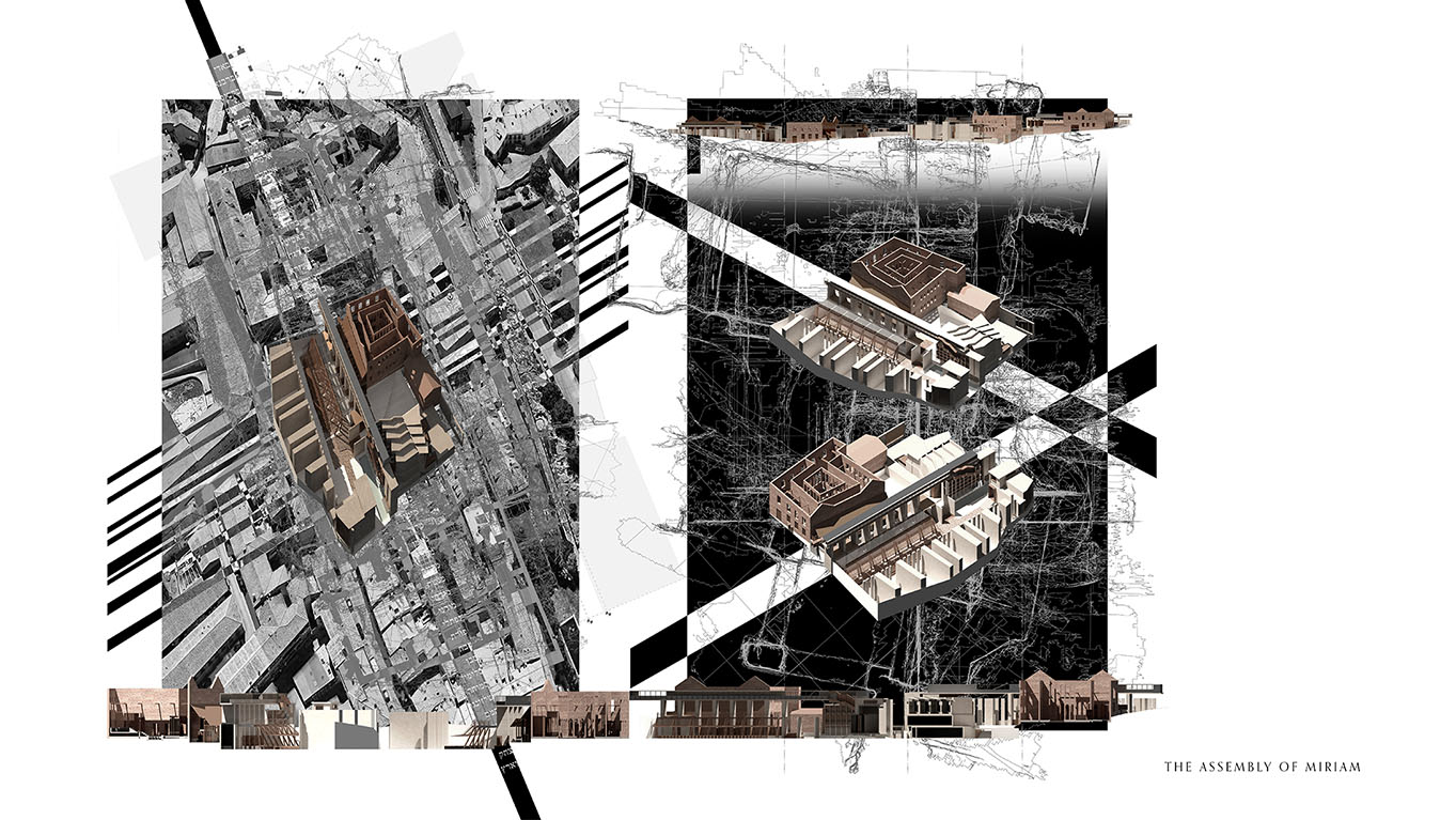Shown in the image are two renders of The Assembly of Miriam architecture, with graphics showing the layering nature that the city of Avila has. On the left is an image of the architecture overlayed on a satellite view of the site, on the right is two isometric views of the architecture with sections and elevations bordering the top and bottom of the page.