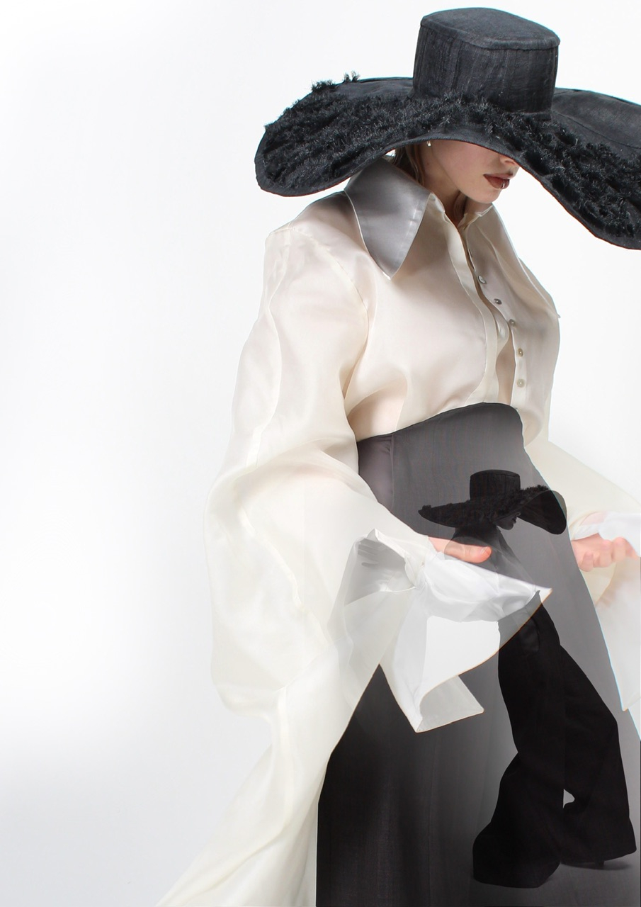 The Sailing Ship, Edited by me, a 360 silk organza double shirt with waved high waisted trousers and broken straw hat
