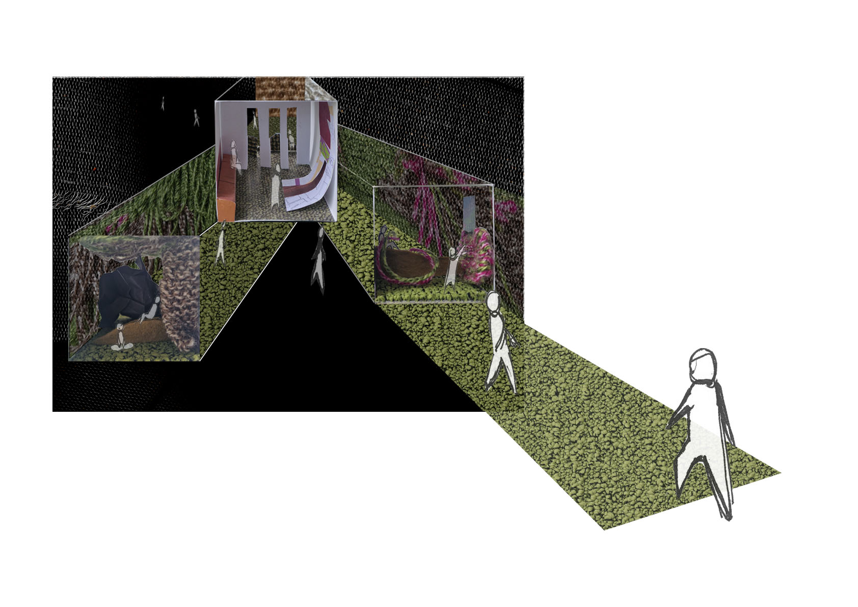 Image of people stepping onto a path heading into 3 spaces 