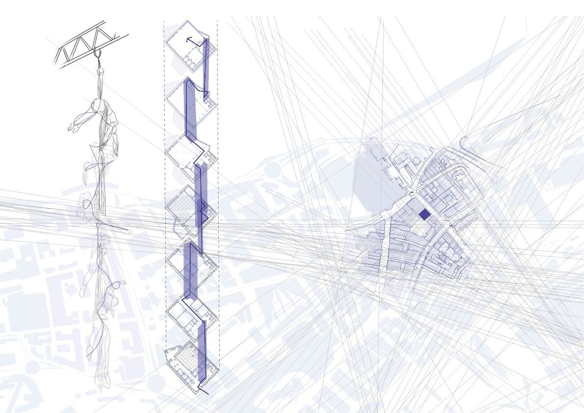 Map of Dundee showing extracted street grid patterns that clash to expose a hidden anti-grid within an ordered street grid. This is overlayed with movement sketches of aerial dancers to the left, highlighting how anti-grid movement influenced the vertical circulation of the building. 