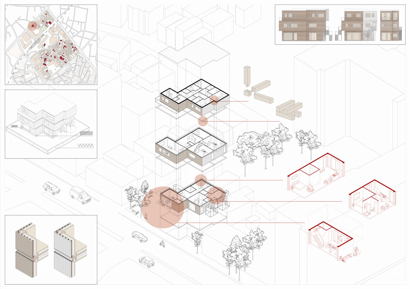Exploded axonometric drawing of the scheme, along with some illustrations of the façade, site map, seismic diagram and materiality.