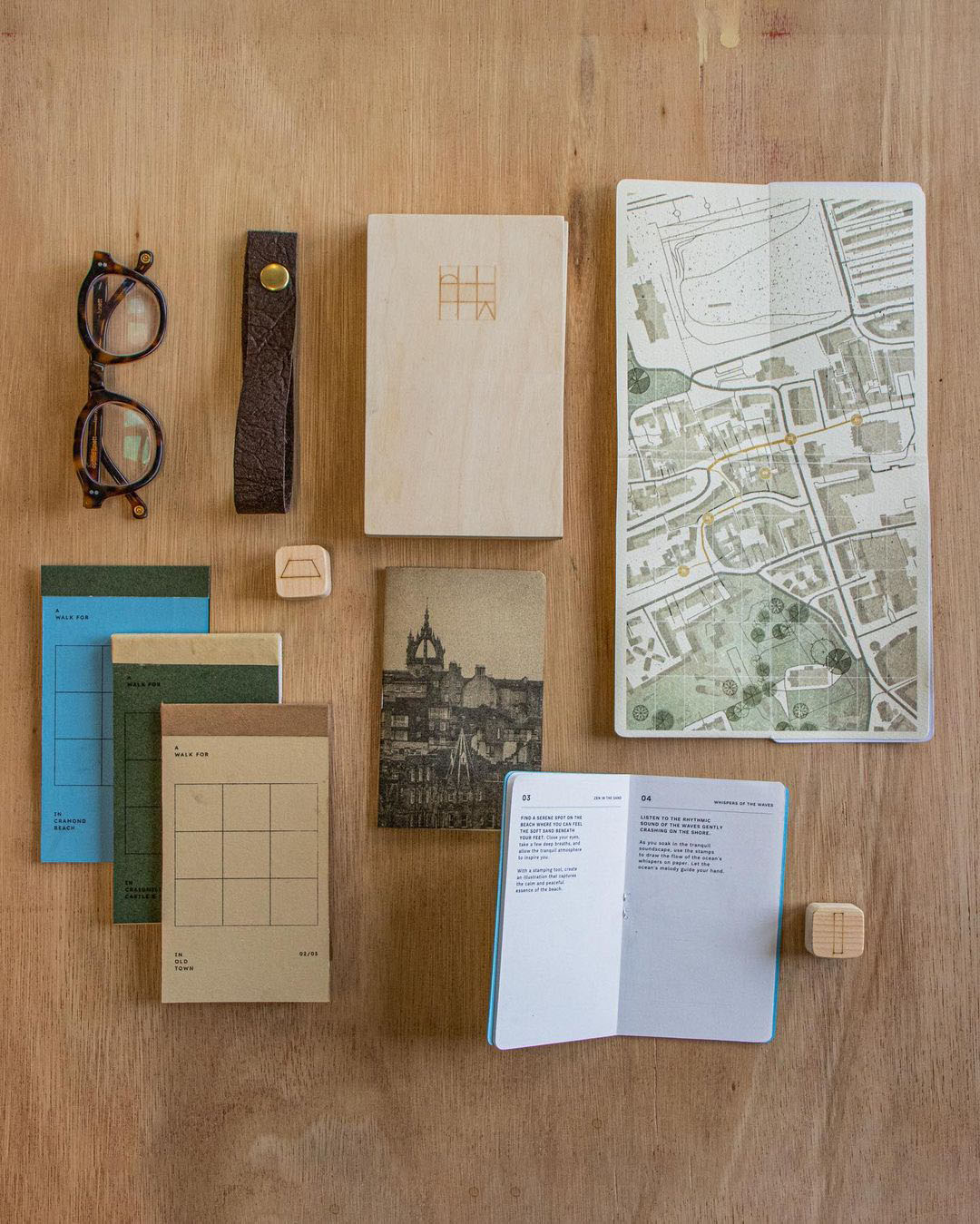A toolkit that aims to encourage users to explore three aspects of walking in Edinburgh: discovery, exploration, and tranquility. Armed with a set of stamps and a journal, users engage in transformative activities by creating illustrations using the stamps. The process is designed to encourage self-discovery, spark curiosity, and foster inner peace as they connect with the environment during their walk.