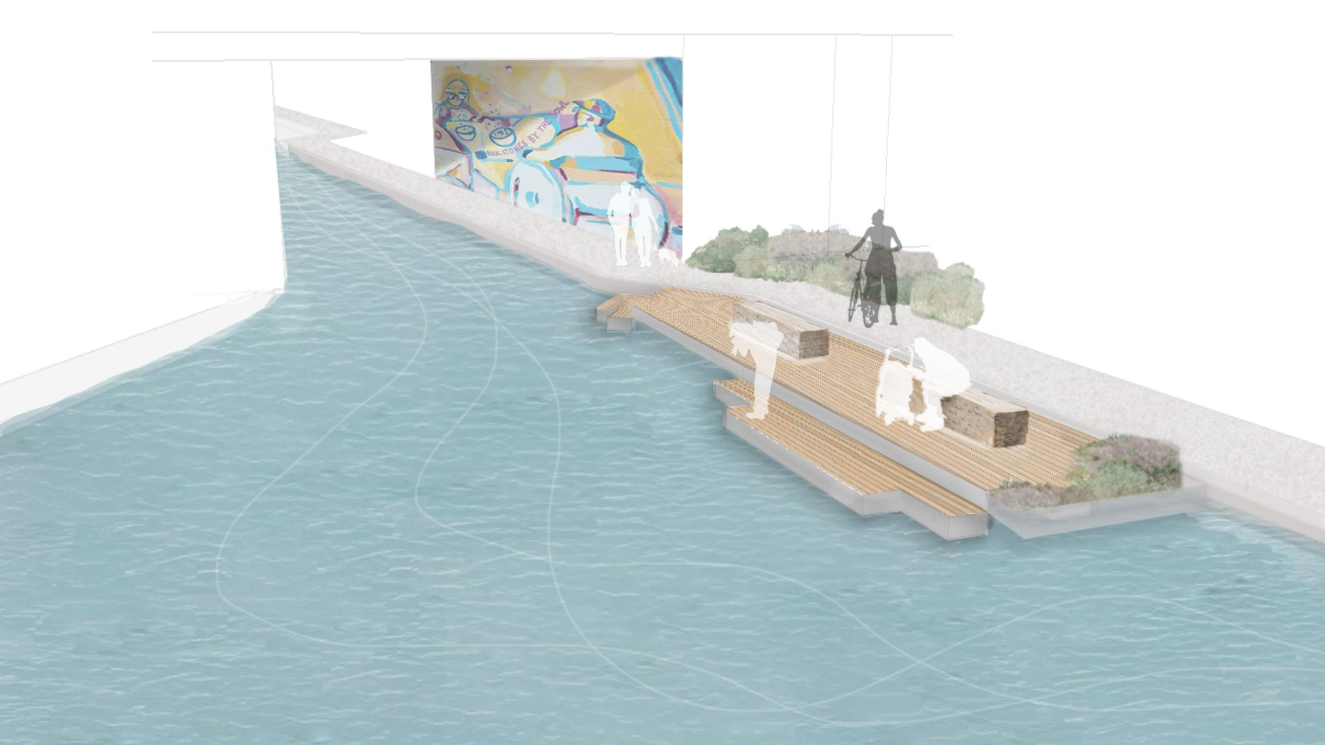 photo-montage visualisation of a floating decking platform over a canal, adjacent to a colourful underbridge mural