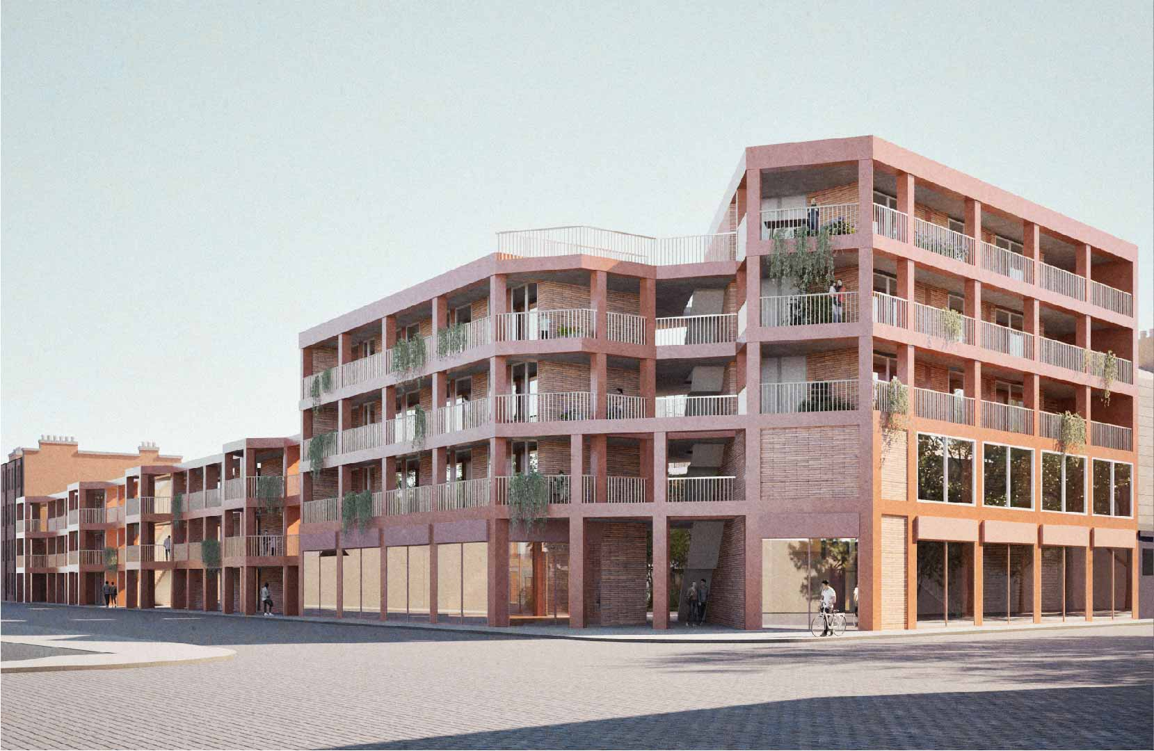 Located on Pitt Street in Leith, a neighbourhood shaped by Edinburgh’s industrial past，the project draw from Neave Brown’s ideas of urban continuity and cohesive street life. The design aims to reconnect residents with their neighbours and the street, restoring immediacy through street-facing entrances, raised walkway balcony, and public-facing workshop—spaces that encourage both casual and meaningful interactions with the street. Housing blocks and a timber workshop are arranged around a central courtyards