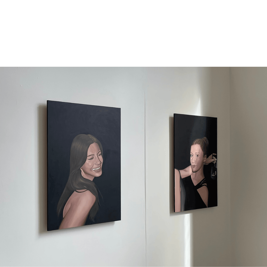 two oil painting of women against a white background