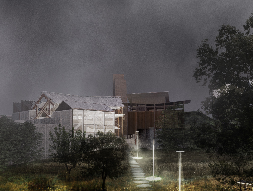 Render image of the project entrance from the Orchard depicting the market spaces and information centre on a rainy night. 